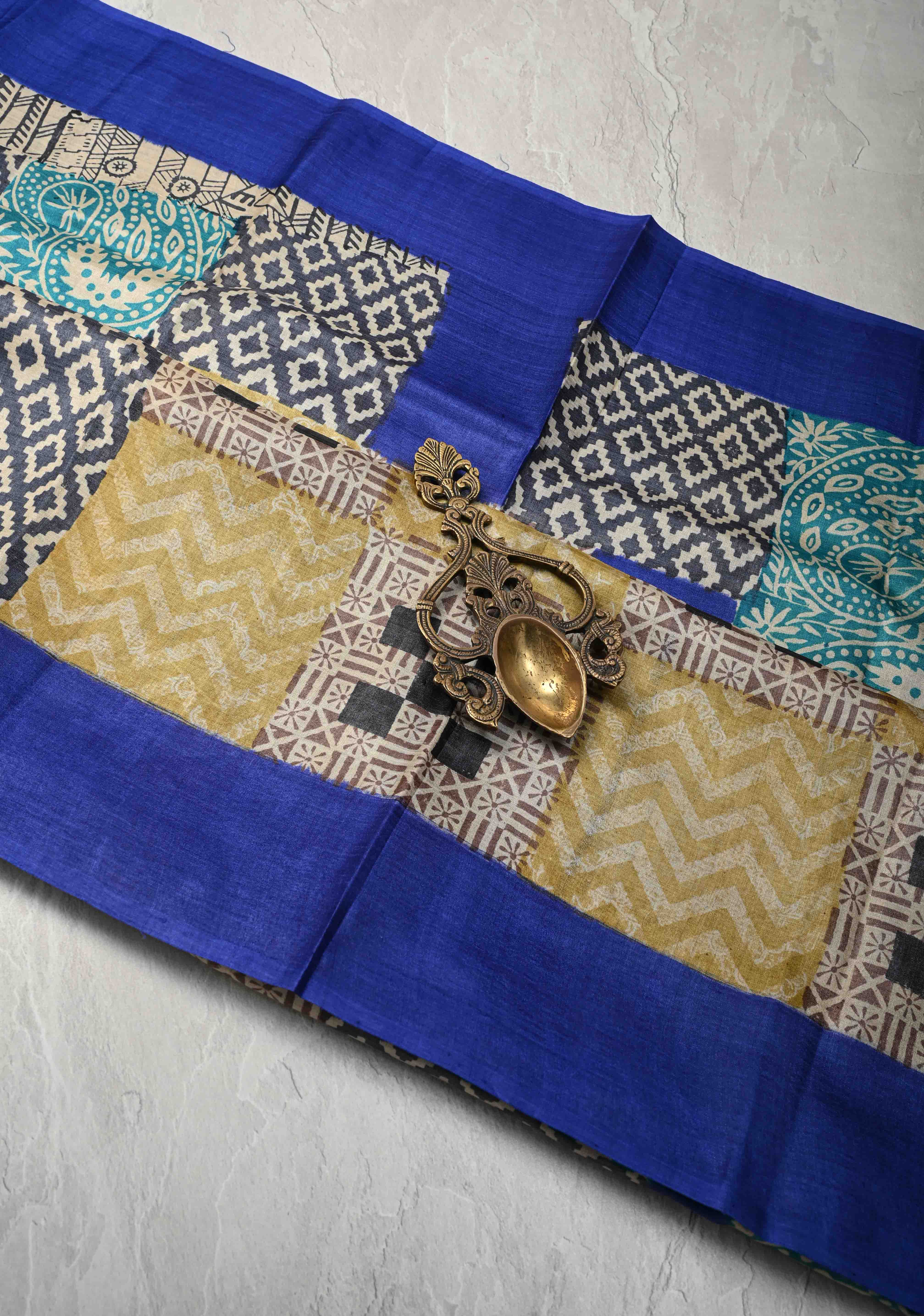 Collage design Jari Tussar Silk saree with Contemporary Geometric Handblock Print | SILK MARK CERTIFIED | Shobitam