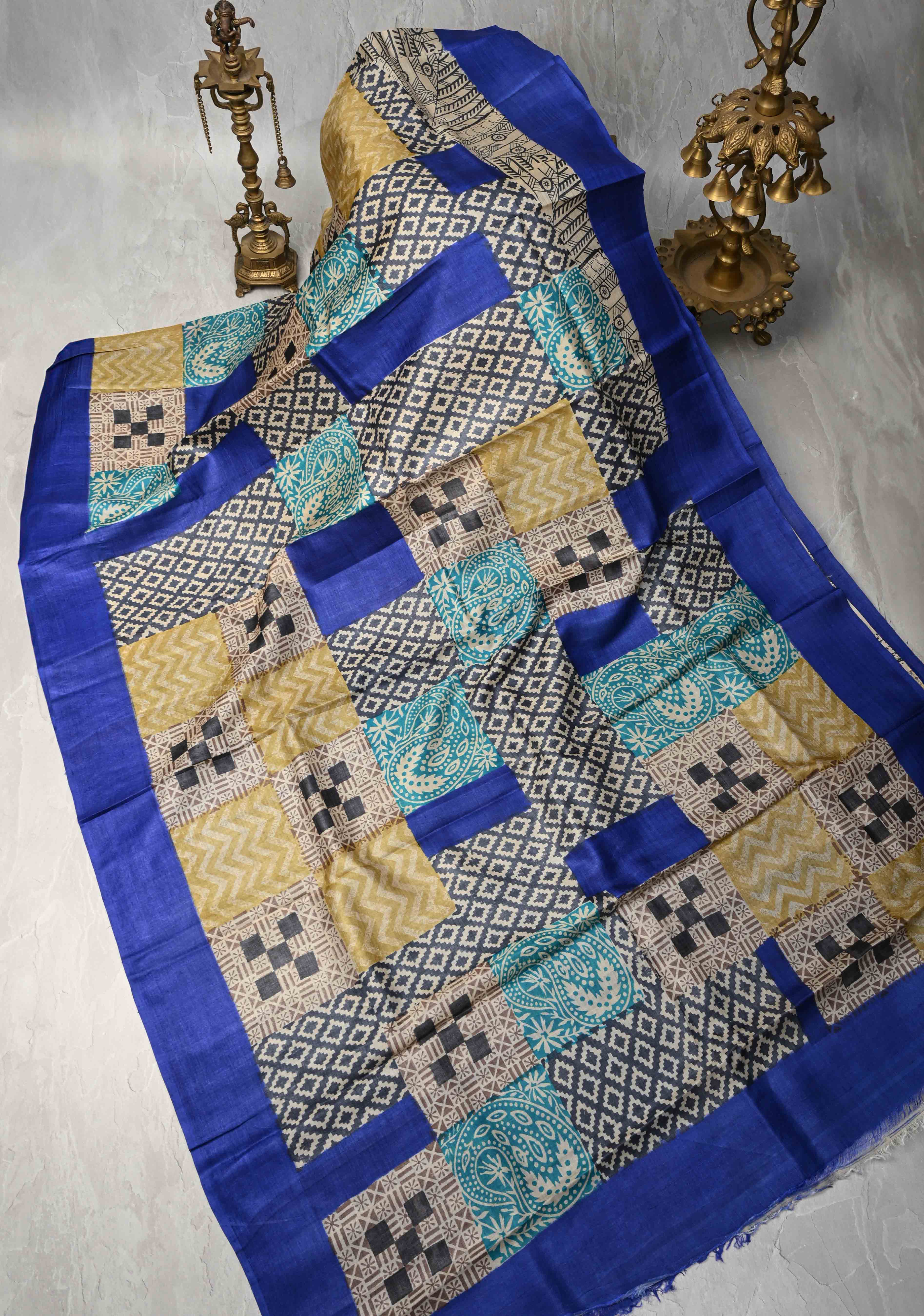 Collage design Jari Tussar Silk saree with Contemporary Geometric Handblock Print | SILK MARK CERTIFIED | Shobitam