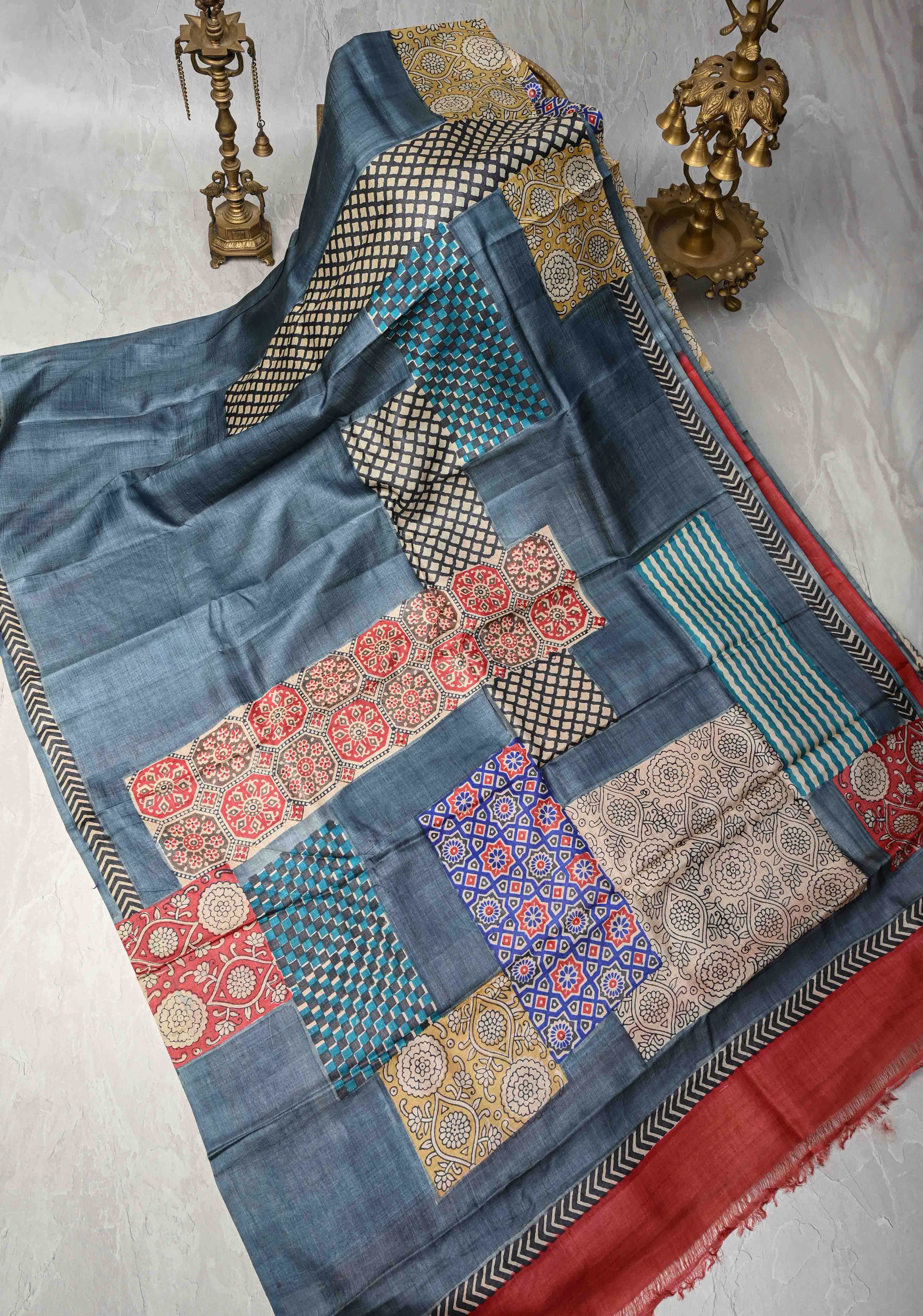 Greyish Blue Tussar Silk saree with Patch work Pattern Print | SILK MARK CERTIFIED | Shobitam