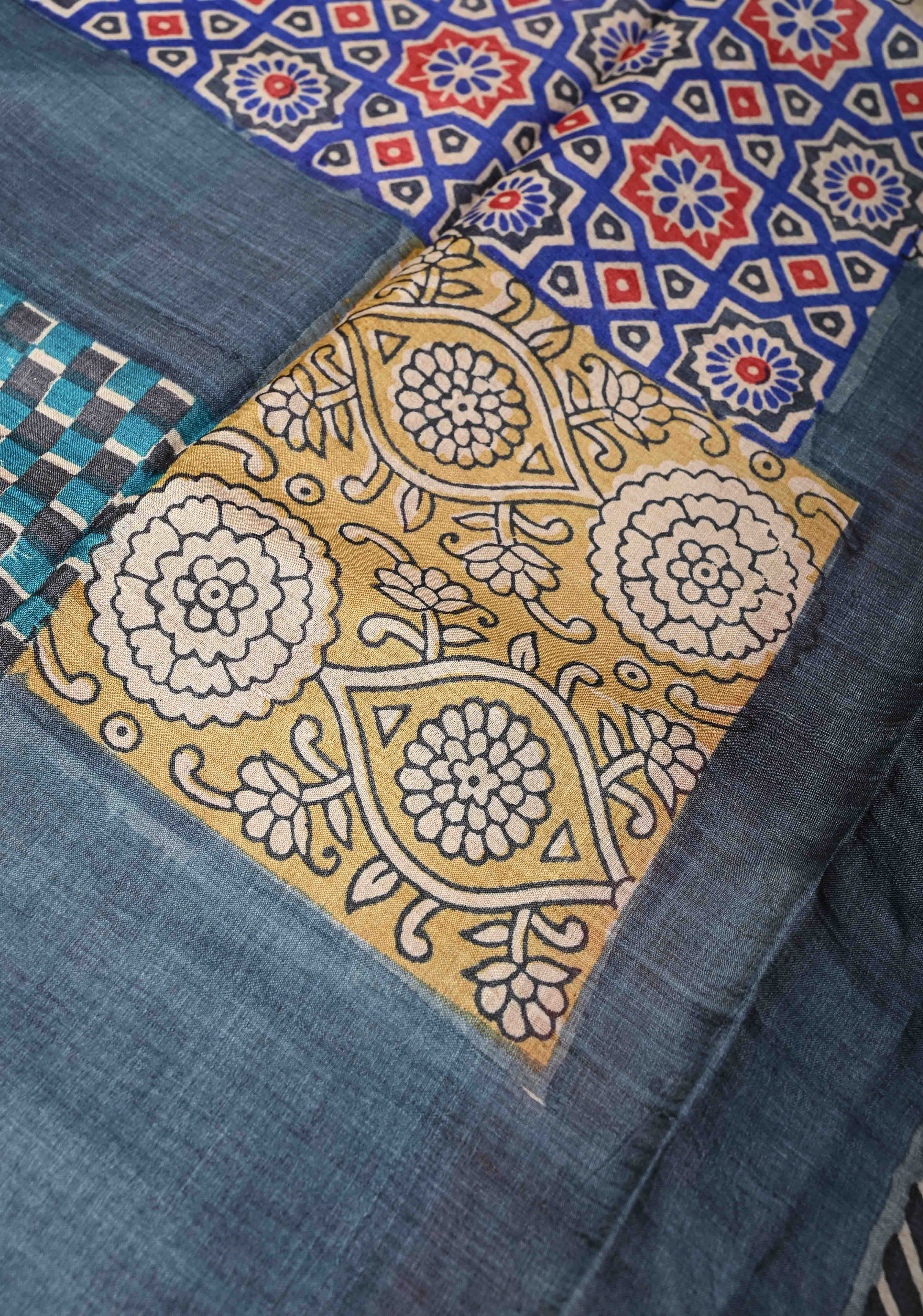 Greyish Blue Tussar Silk saree with Patch work Pattern Print | SILK MARK CERTIFIED | Shobitam