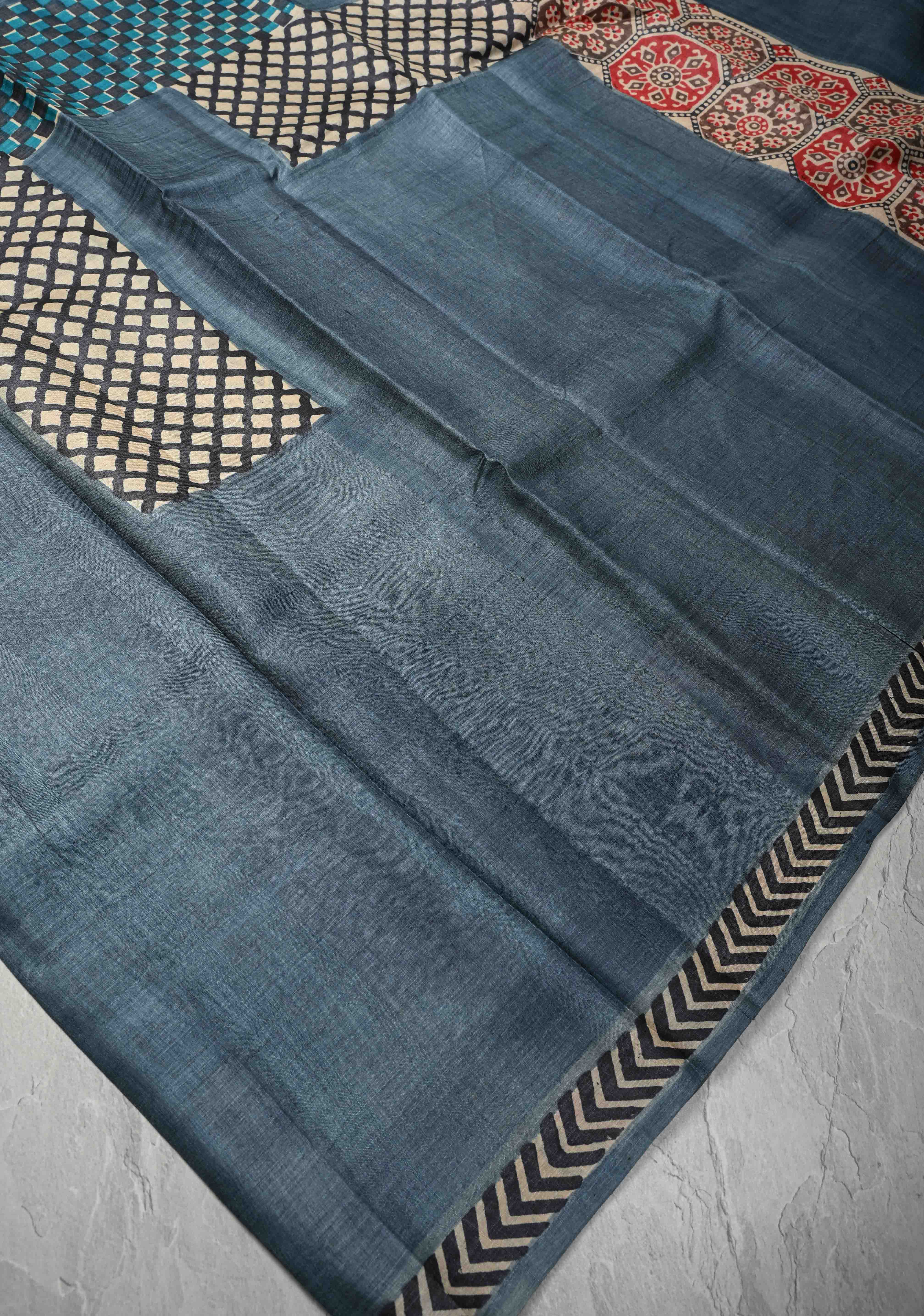 Greyish Blue Tussar Silk saree with Patch work Pattern Print | SILK MARK CERTIFIED | Shobitam