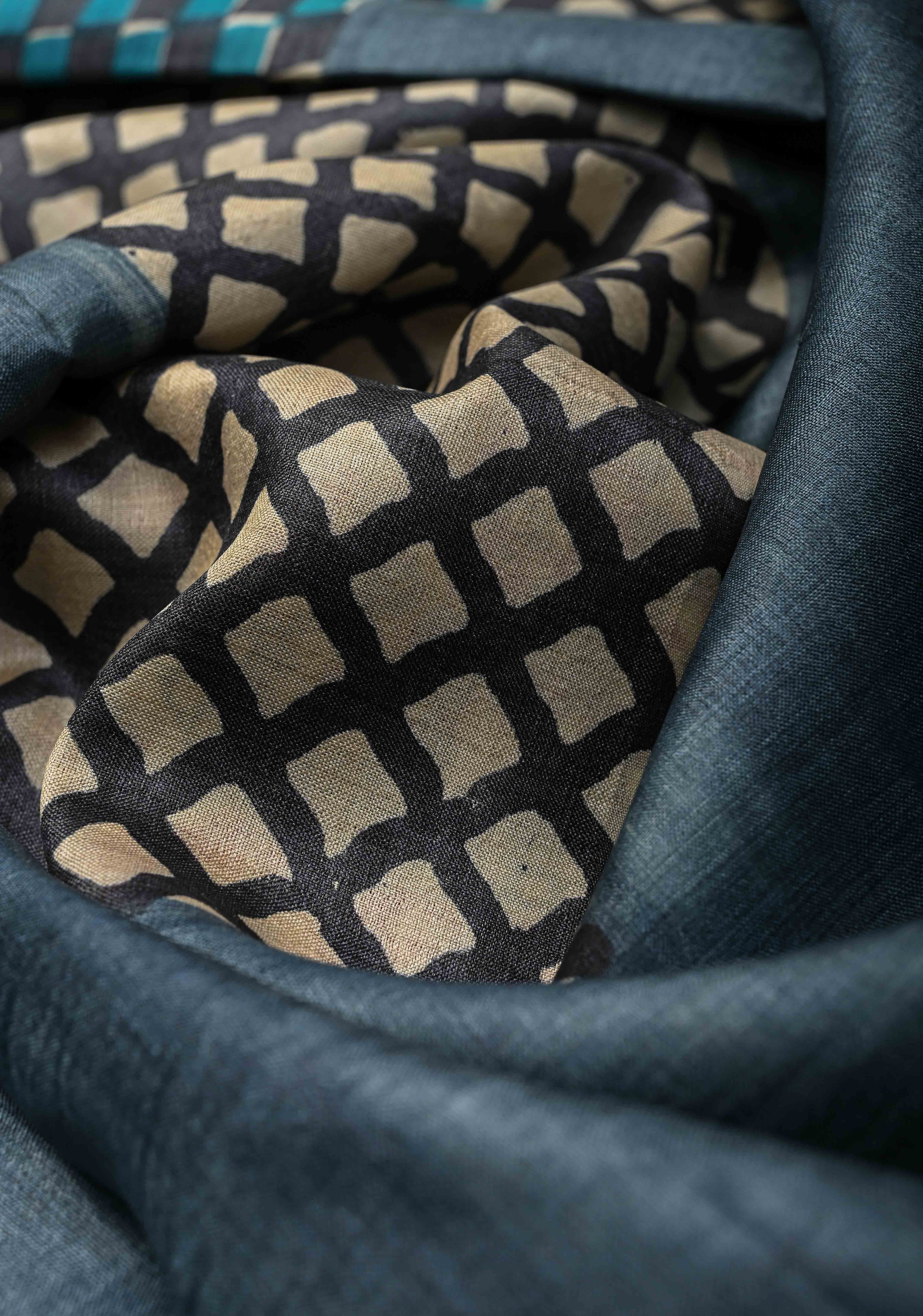 Greyish Blue Tussar Silk saree with Patch work Pattern Print | SILK MARK CERTIFIED | Shobitam