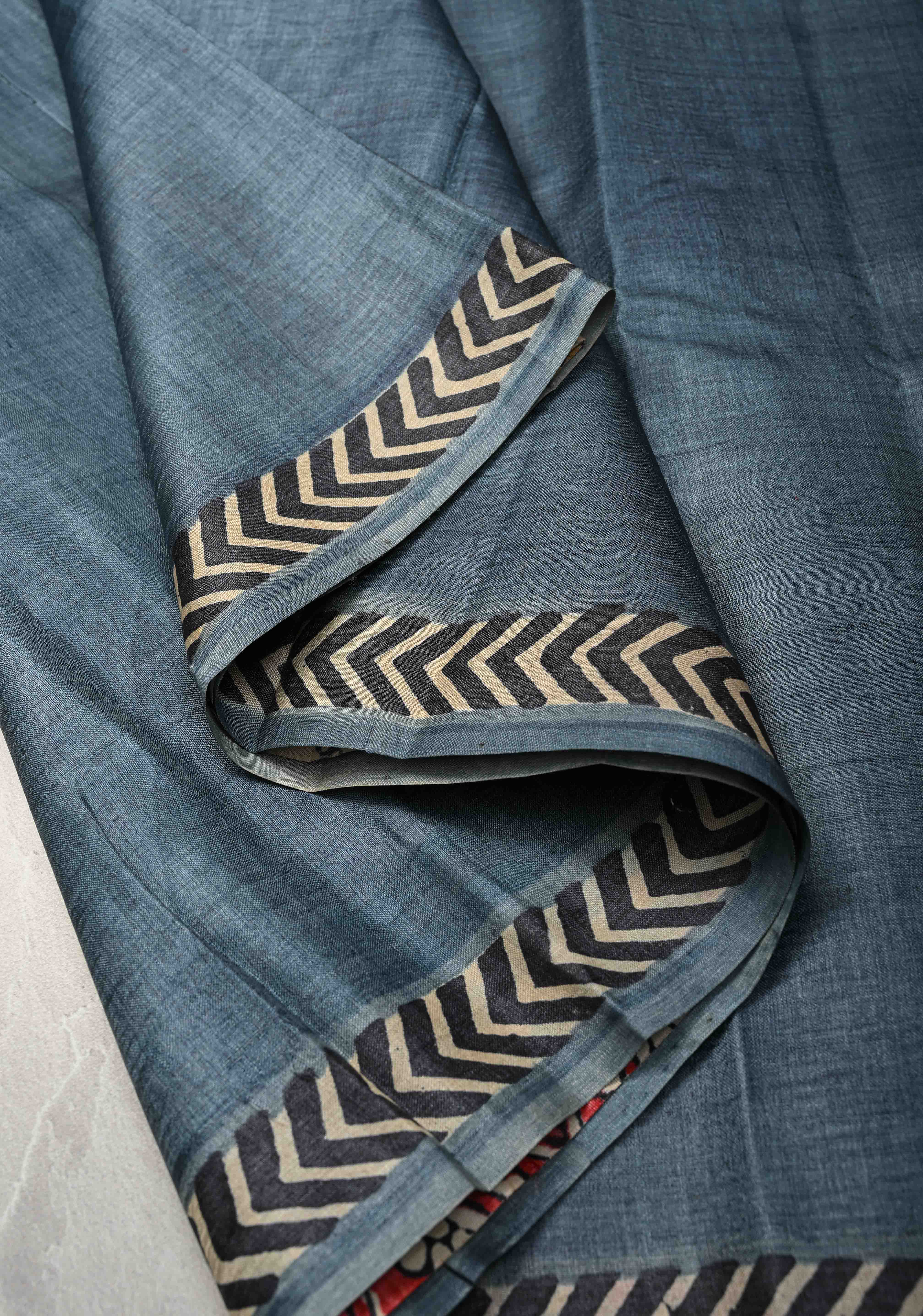 Greyish Blue Tussar Silk saree with Patch work Pattern Print | SILK MARK CERTIFIED | Shobitam