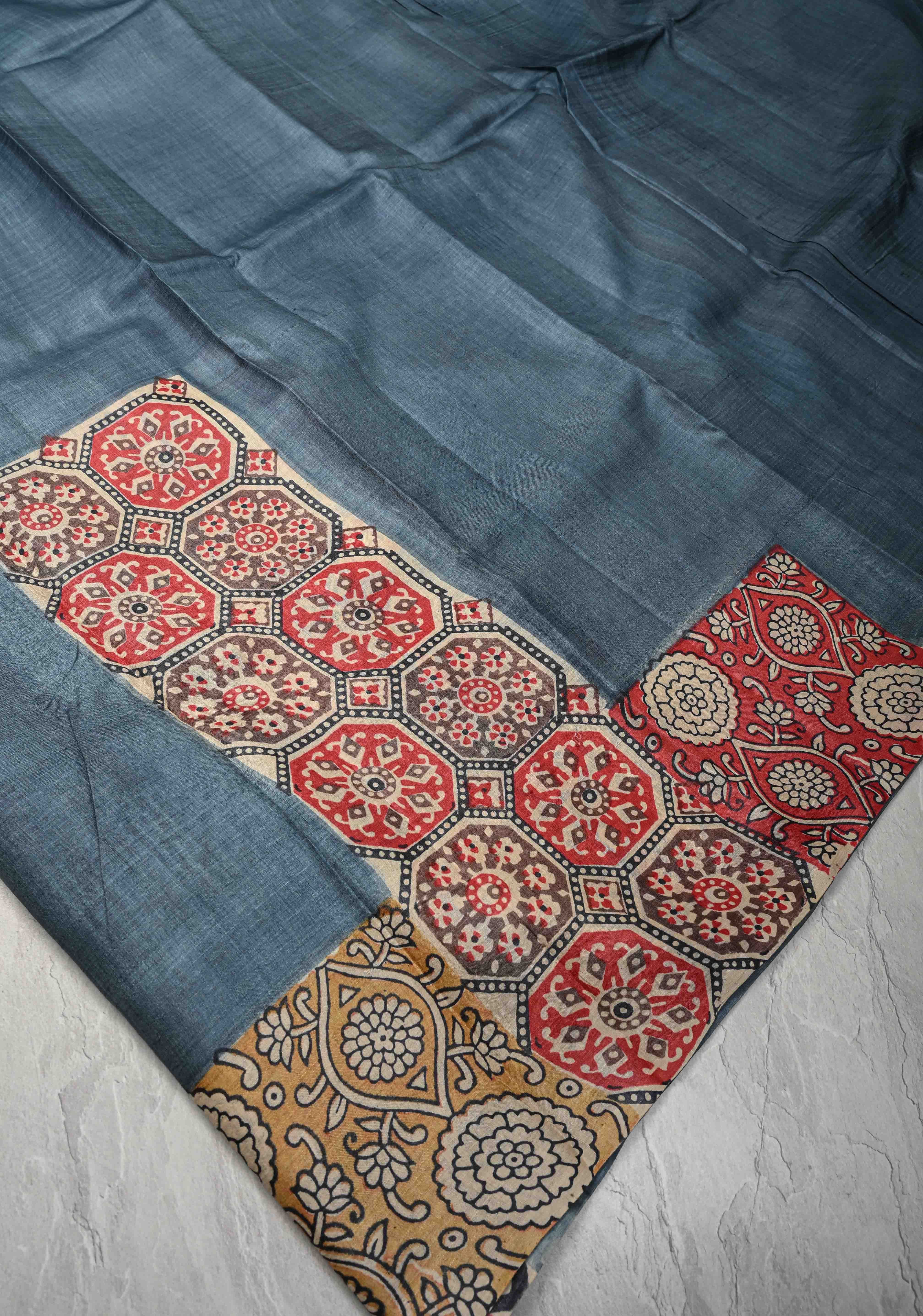 Greyish Blue Tussar Silk saree with Patch work Pattern Print | SILK MARK CERTIFIED | Shobitam