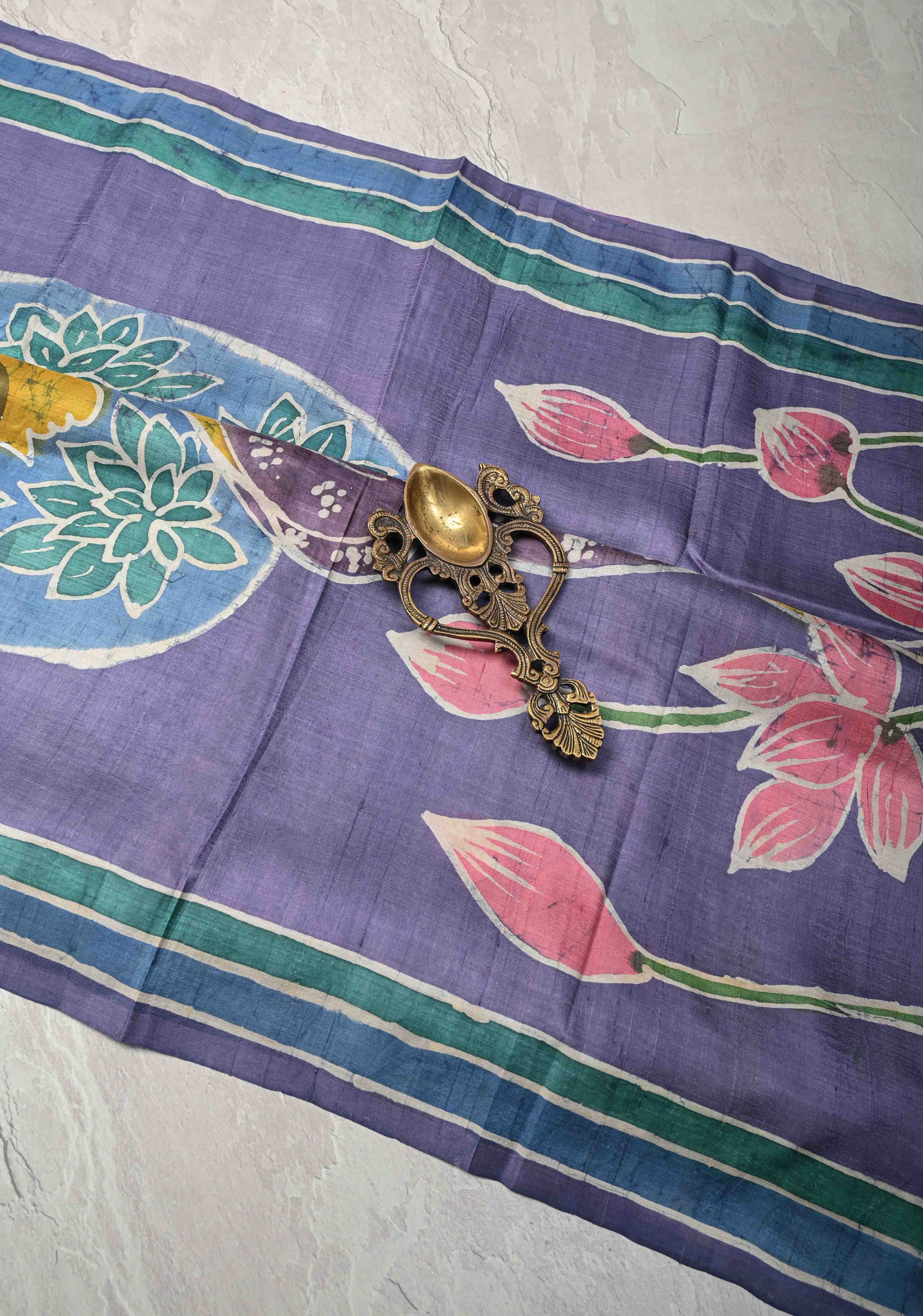 Dusty Amethyst Tussar Silk saree with Hand Wax Batik Print | SILK MARK CERTIFIED | Shobitam