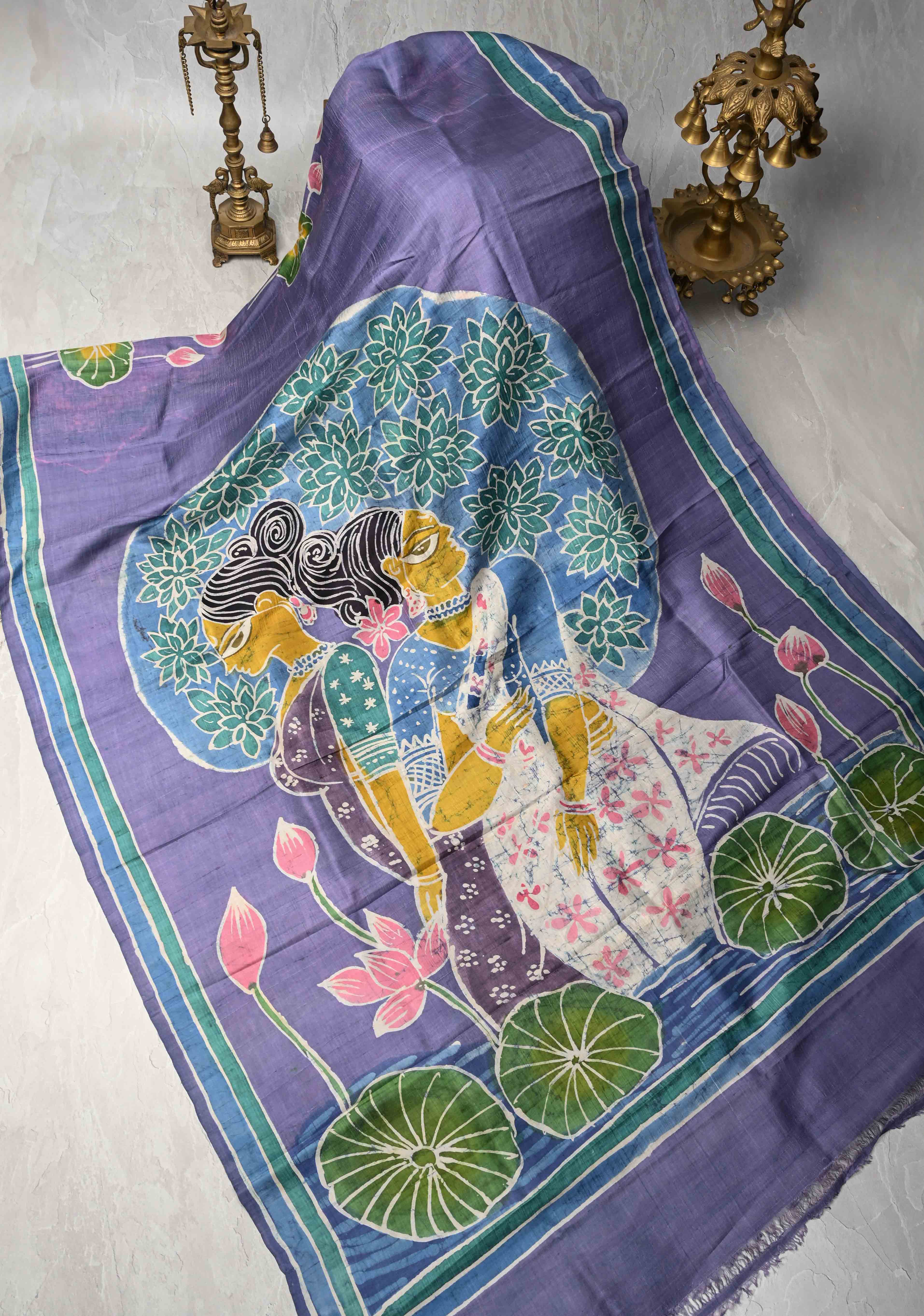 Dusty Amethyst Tussar Silk saree with Hand Wax Batik Print | SILK MARK CERTIFIED | Shobitam