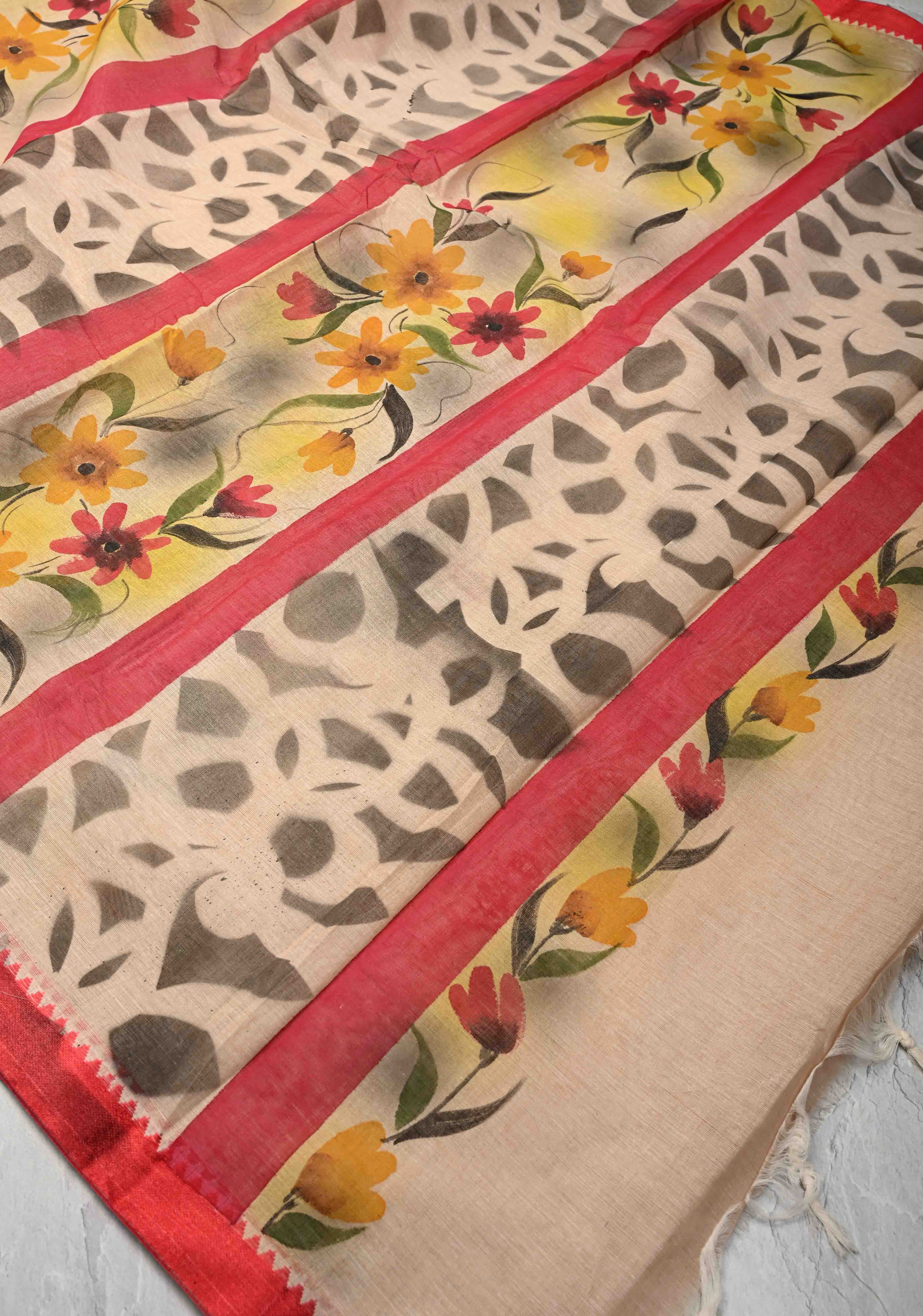 Beige Cotton Saree with Floral Handpainting and Minimal Borders , No Blouse Piece | Shobitam
