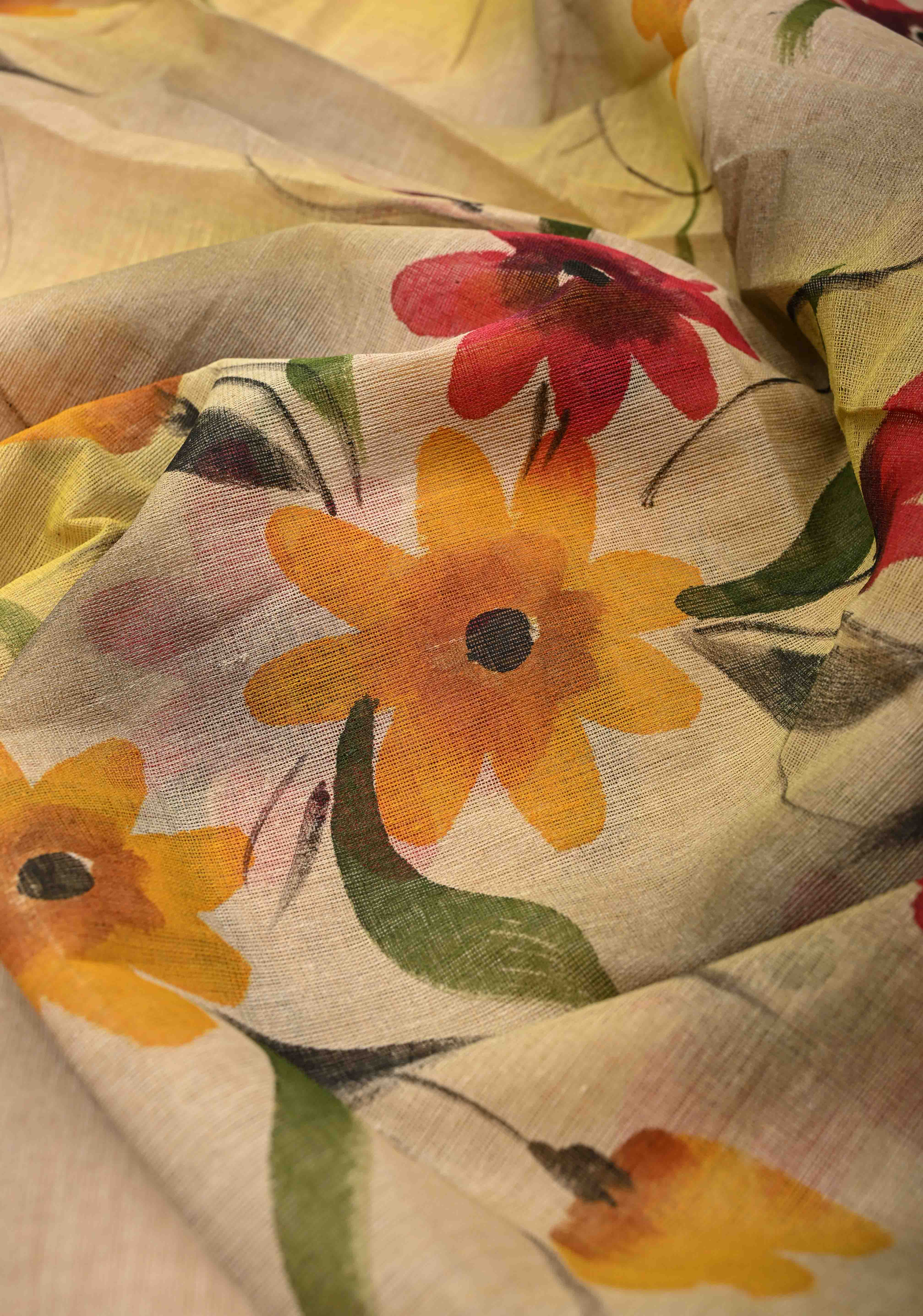Beige Cotton Saree with Floral Handpainting and Minimal Borders , No Blouse Piece | Shobitam