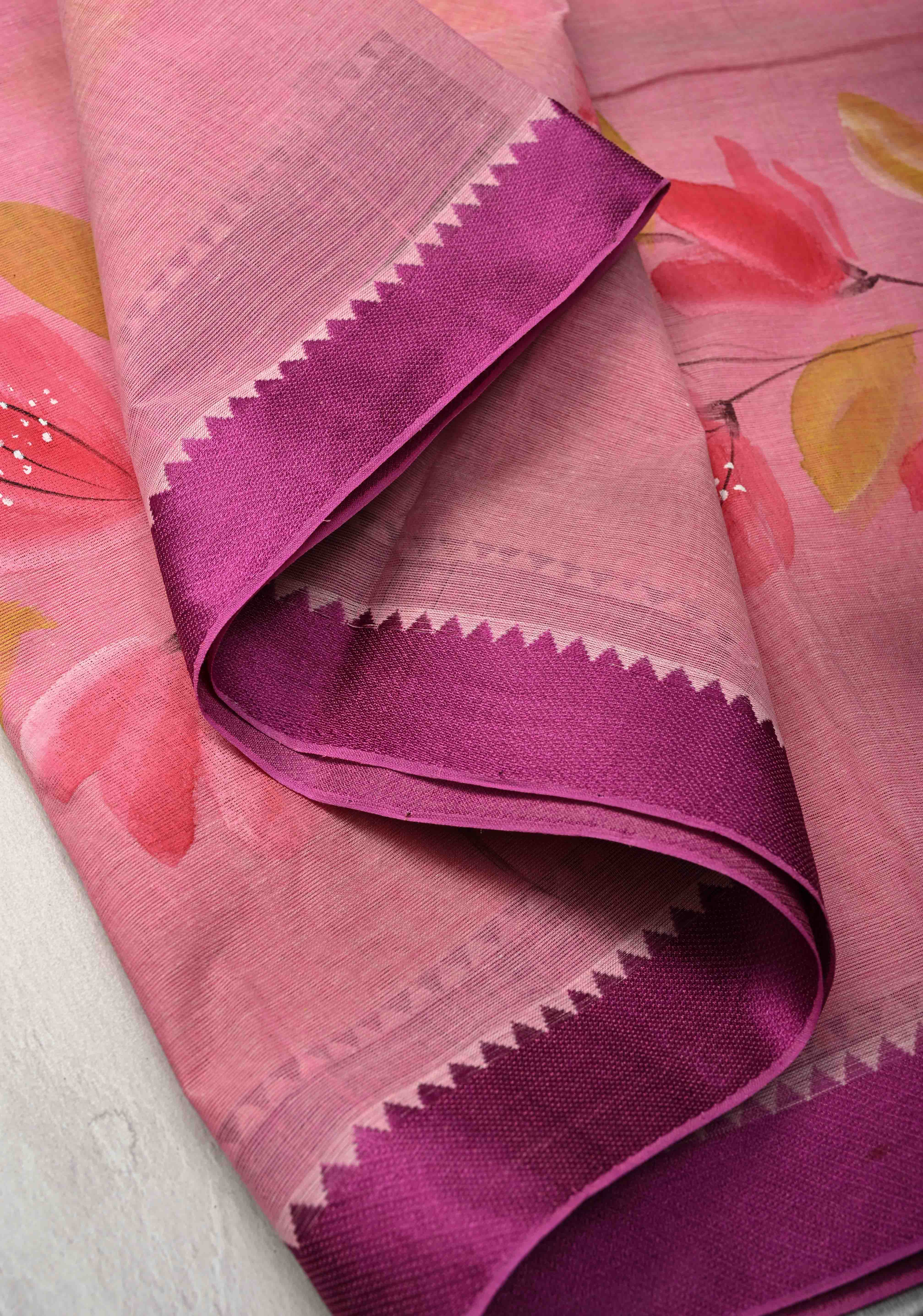 Pink Cotton Saree with Floral Handpainting and Minimal Borders , No Blouse Piece | Shobitam