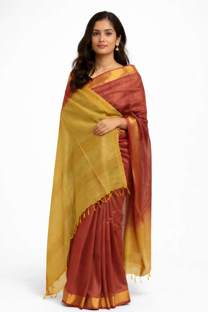 Sunshine Yellow Rust Pink Handwoven Cotton Silk Saree | SHOBITAM