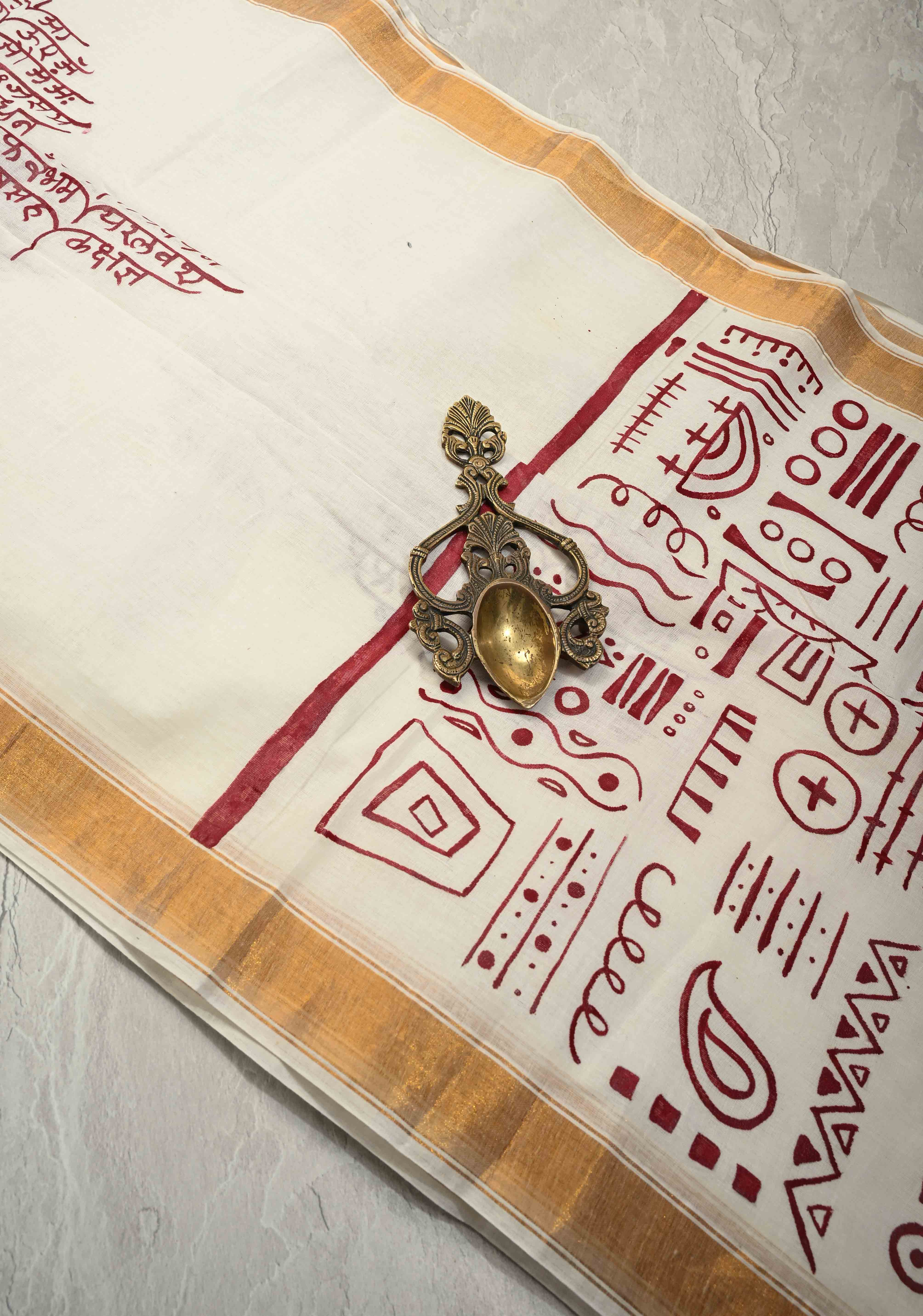 Marathi Shloka Handpainted Saree on Kerala Cotton | Shobitam