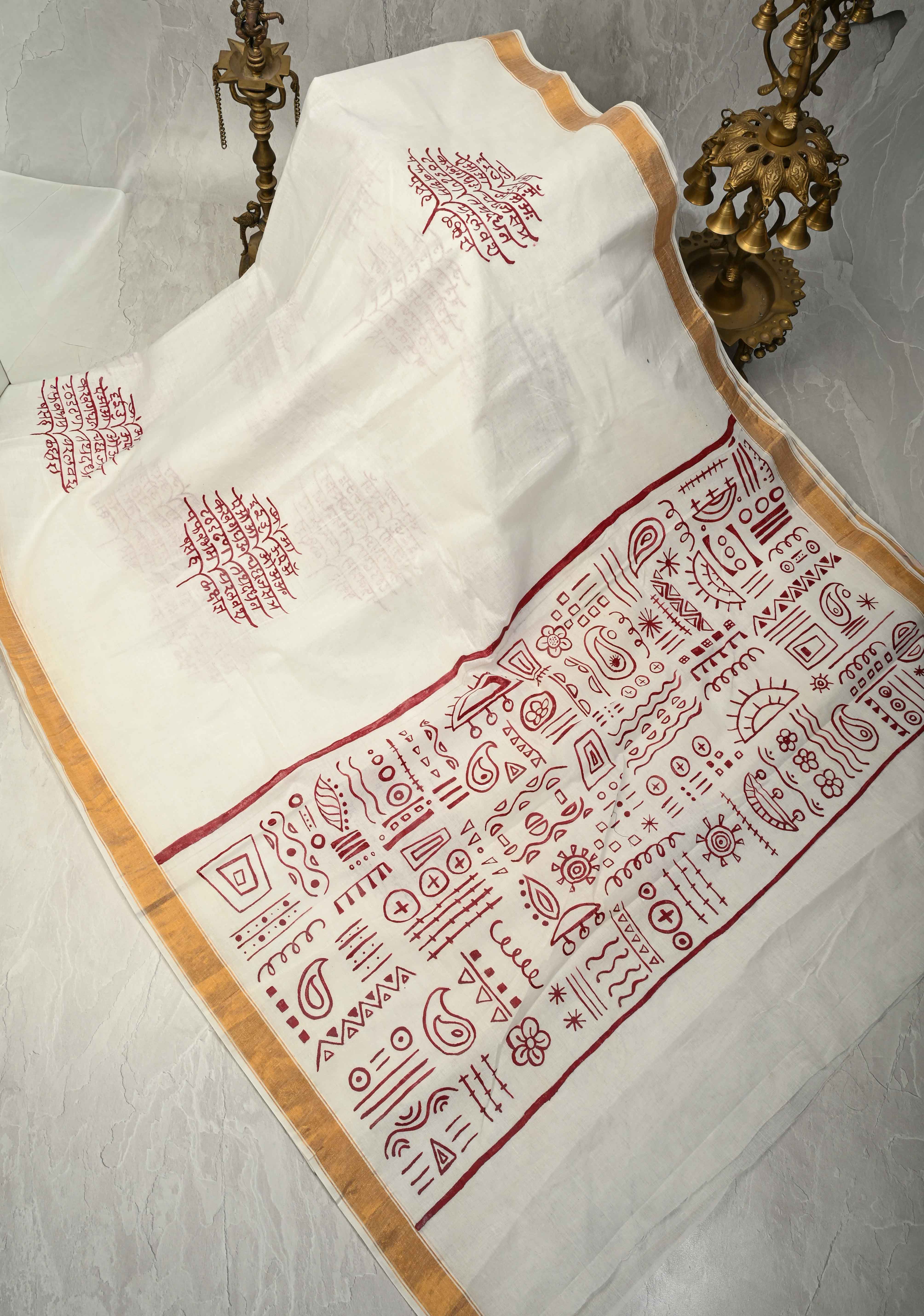 Marathi Shloka Handpainted Saree on Kerala Cotton | Shobitam