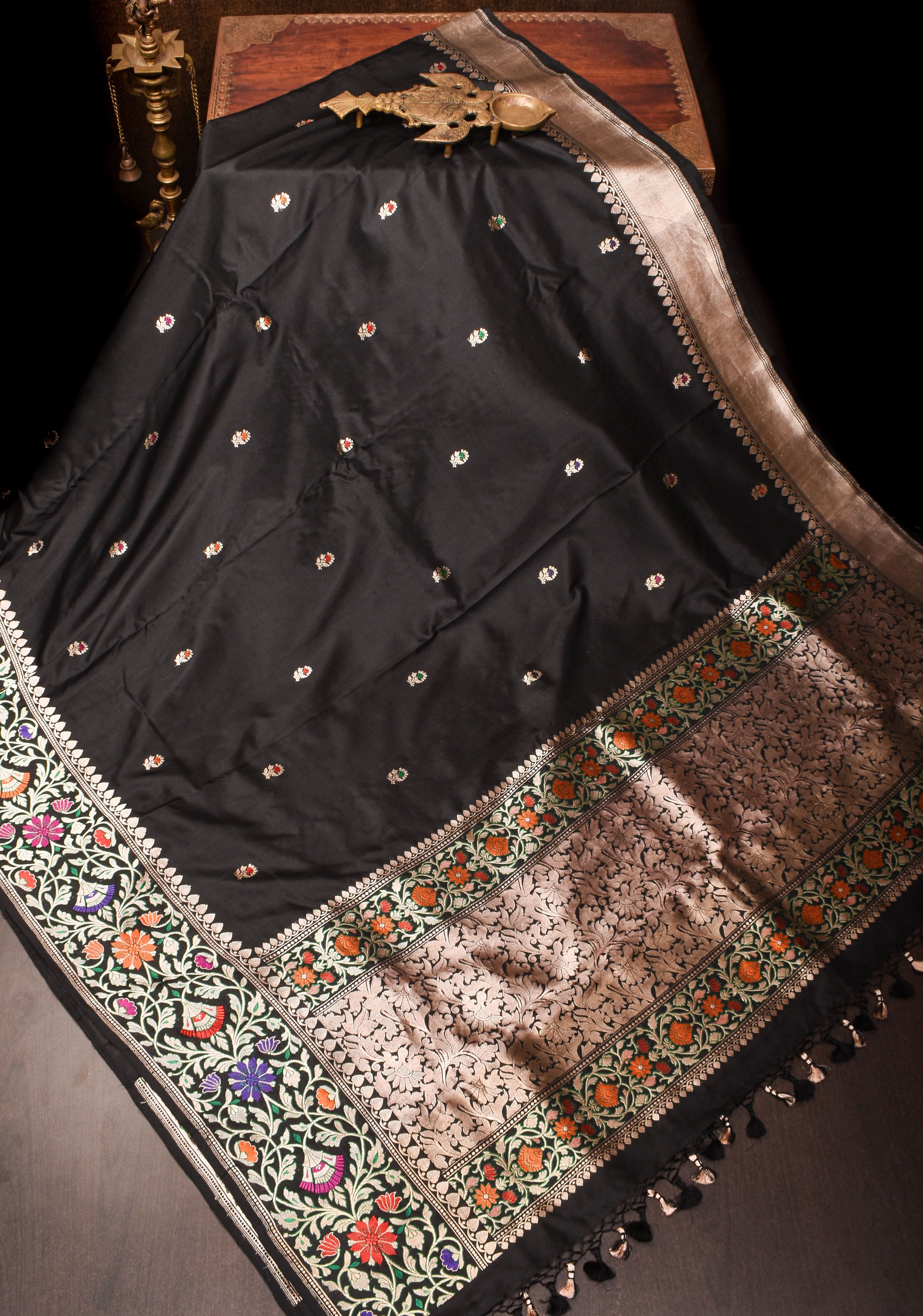 Stunning Black Banarasi Katan Silk Saree and Zari Meenakari Floral Border | SILK MARK CERTIFIED | Shobitam