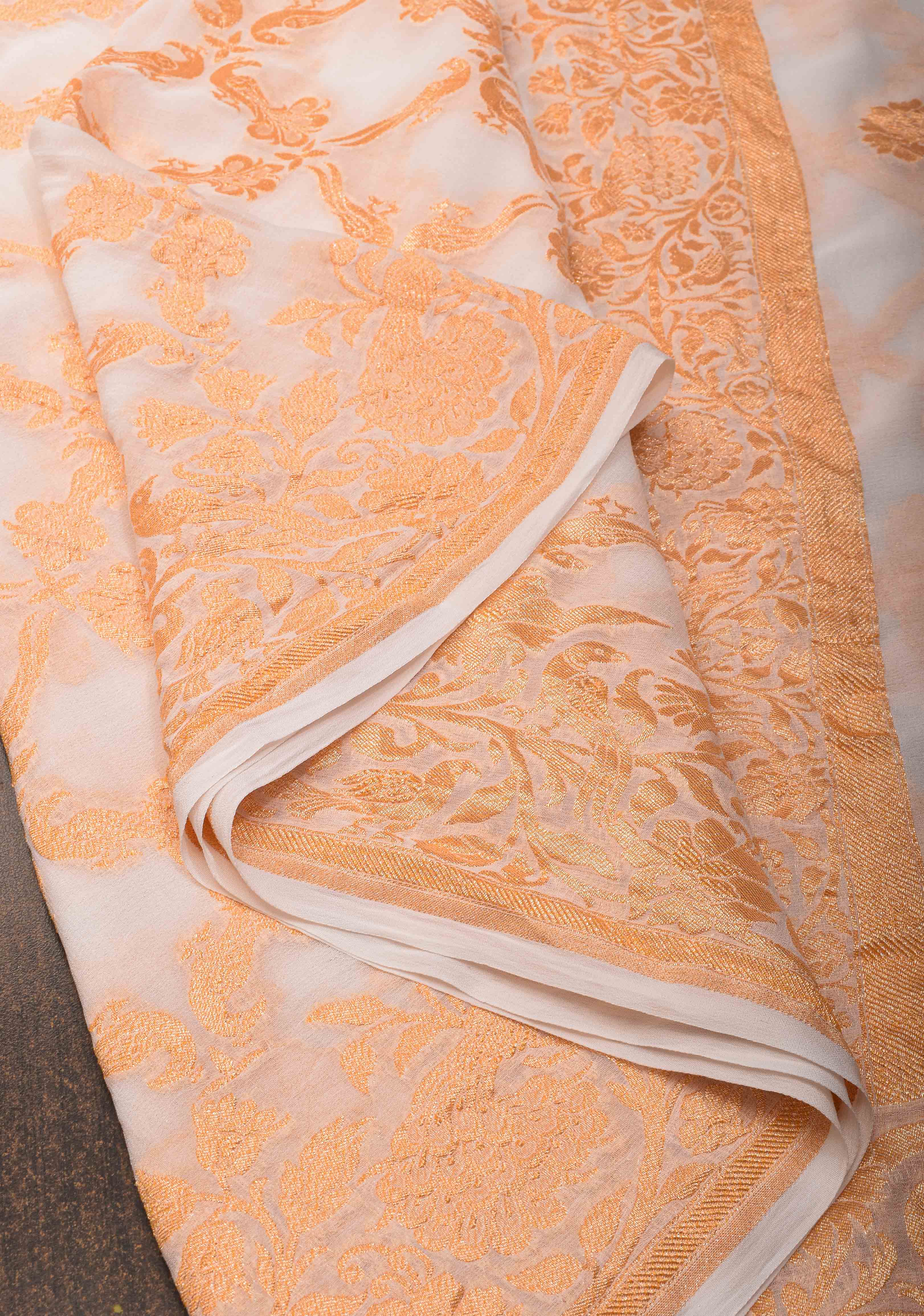 Vidya Balan White Banarasi Georgette Silk Saree with Shikaargah Jaal and Zari Border | SILK MARK CERTIFIED | Shobitam