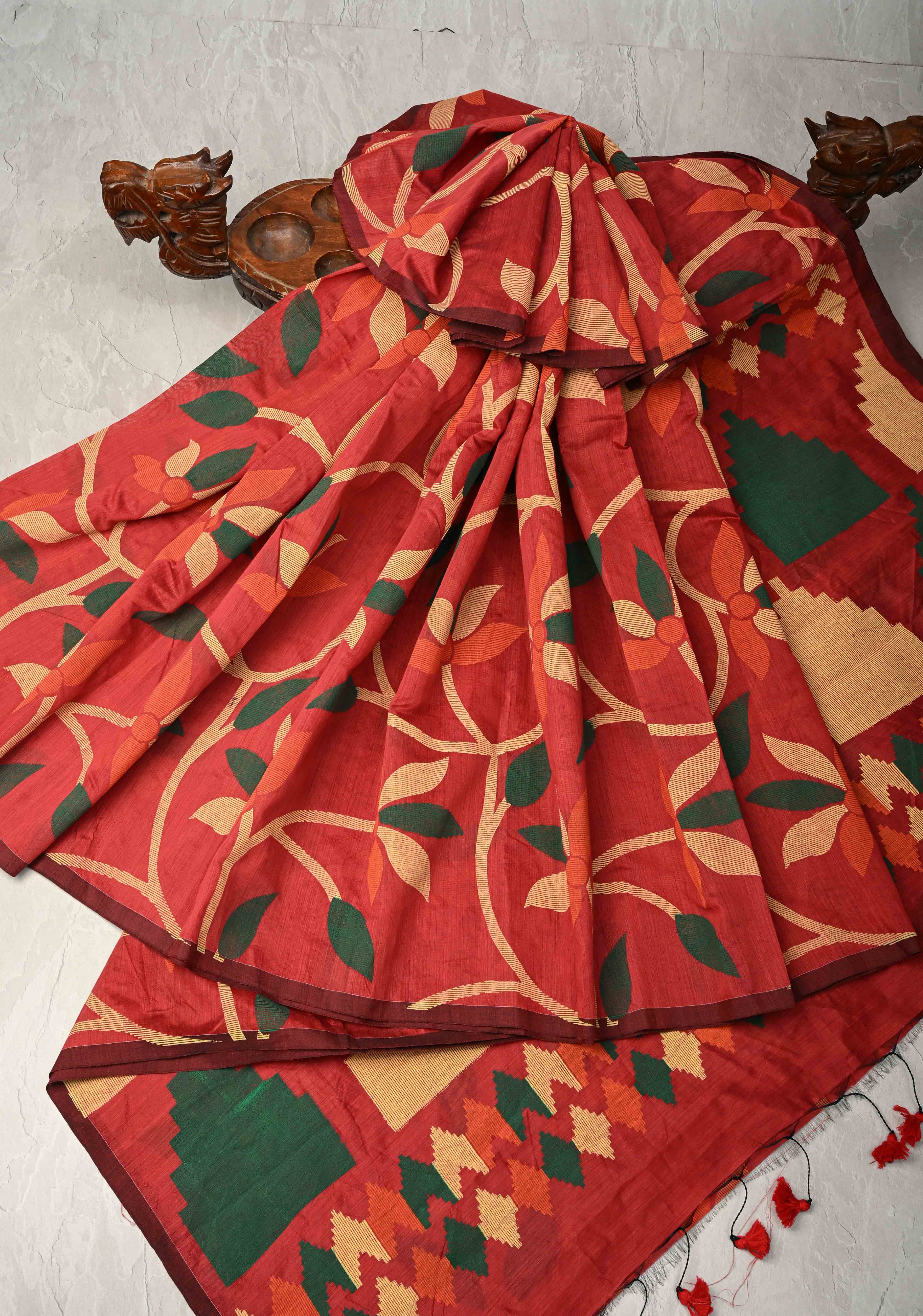 Brick Red Uppada Cotton Saree with Jamdani Style Screen Print