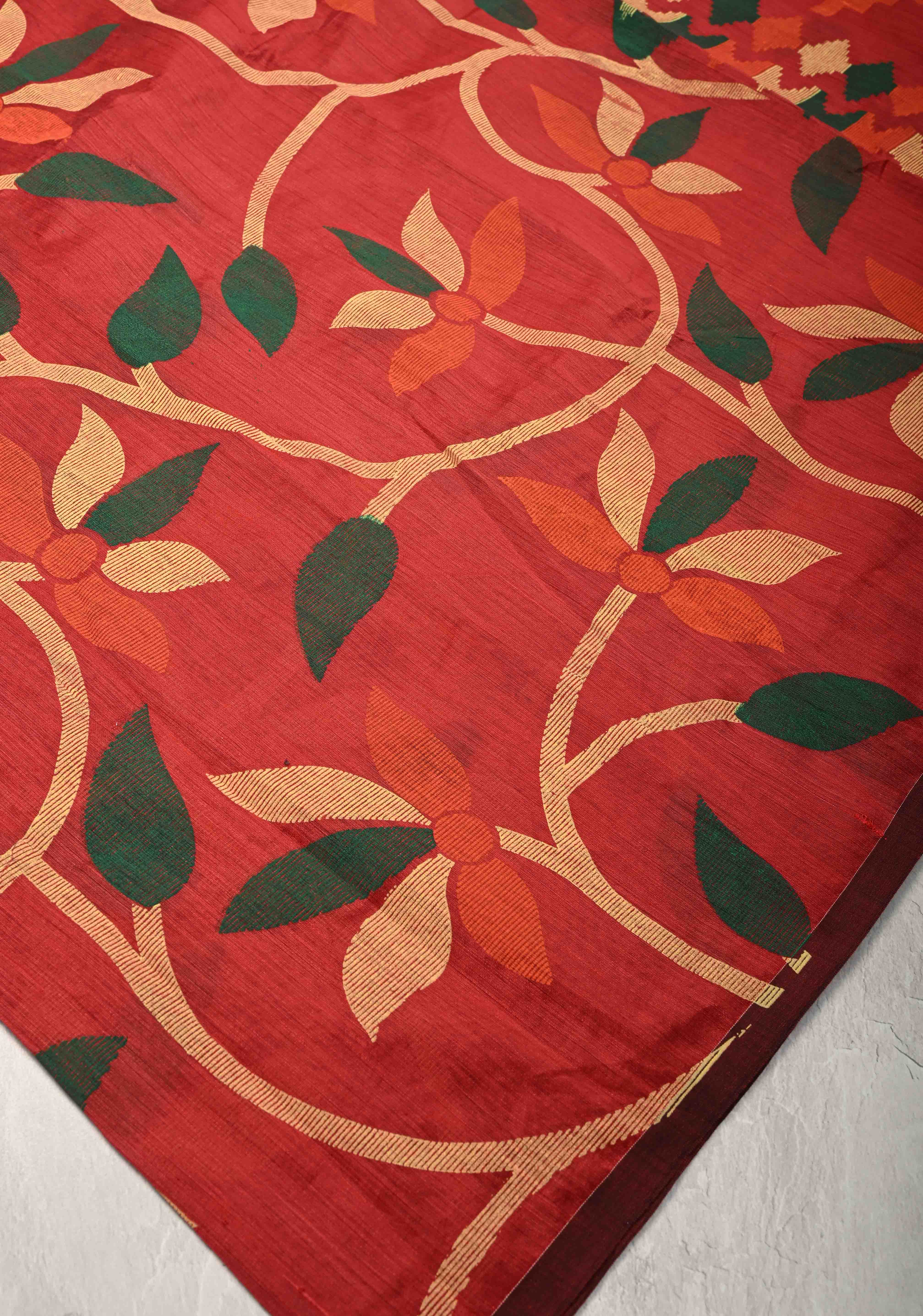 Brick Red Uppada Cotton Saree with Jamdani Style Screen Print