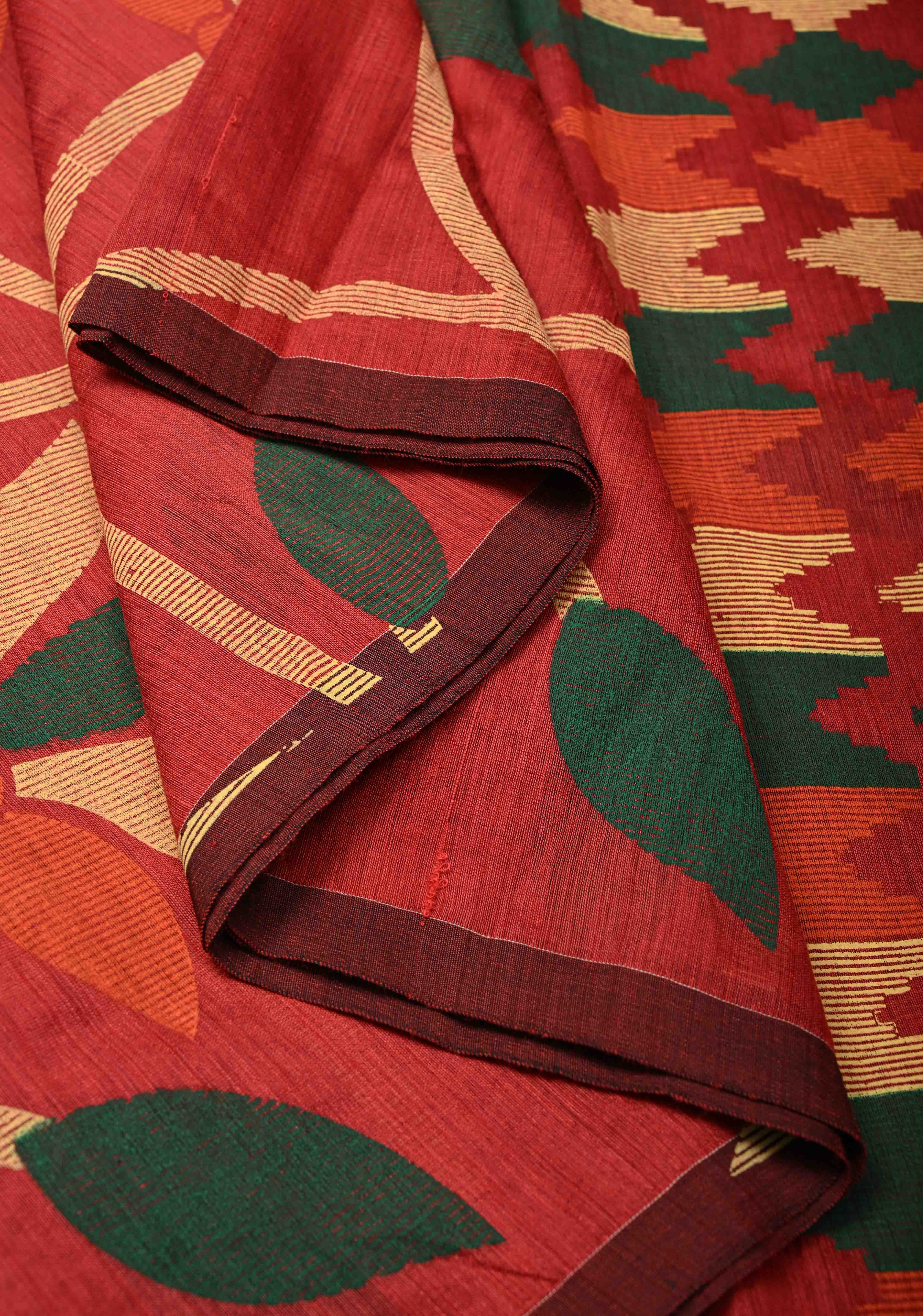 Brick Red Uppada Cotton Saree with Jamdani Style Screen Print