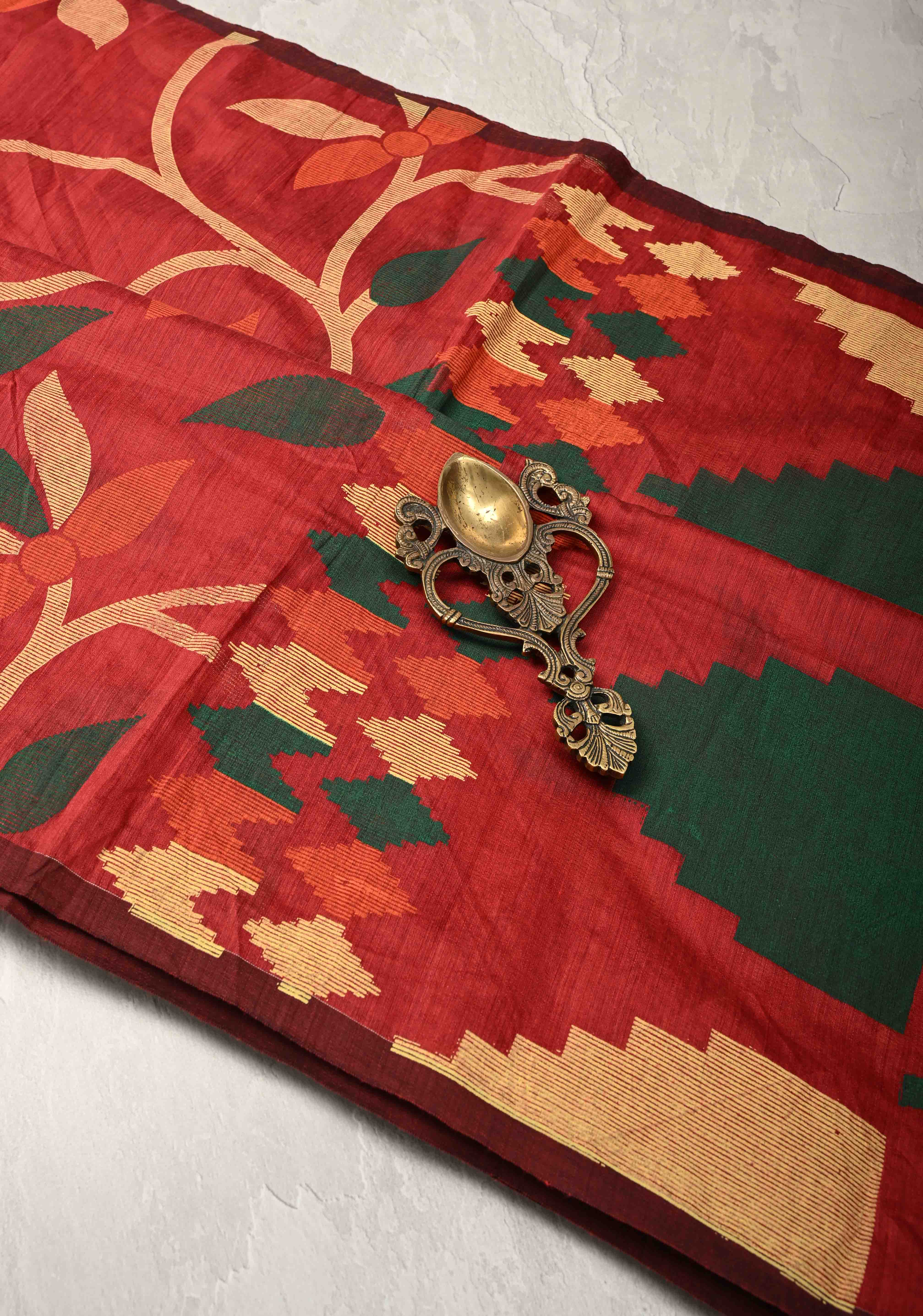 Brick Red Uppada Cotton Saree with Jamdani Style Screen Print