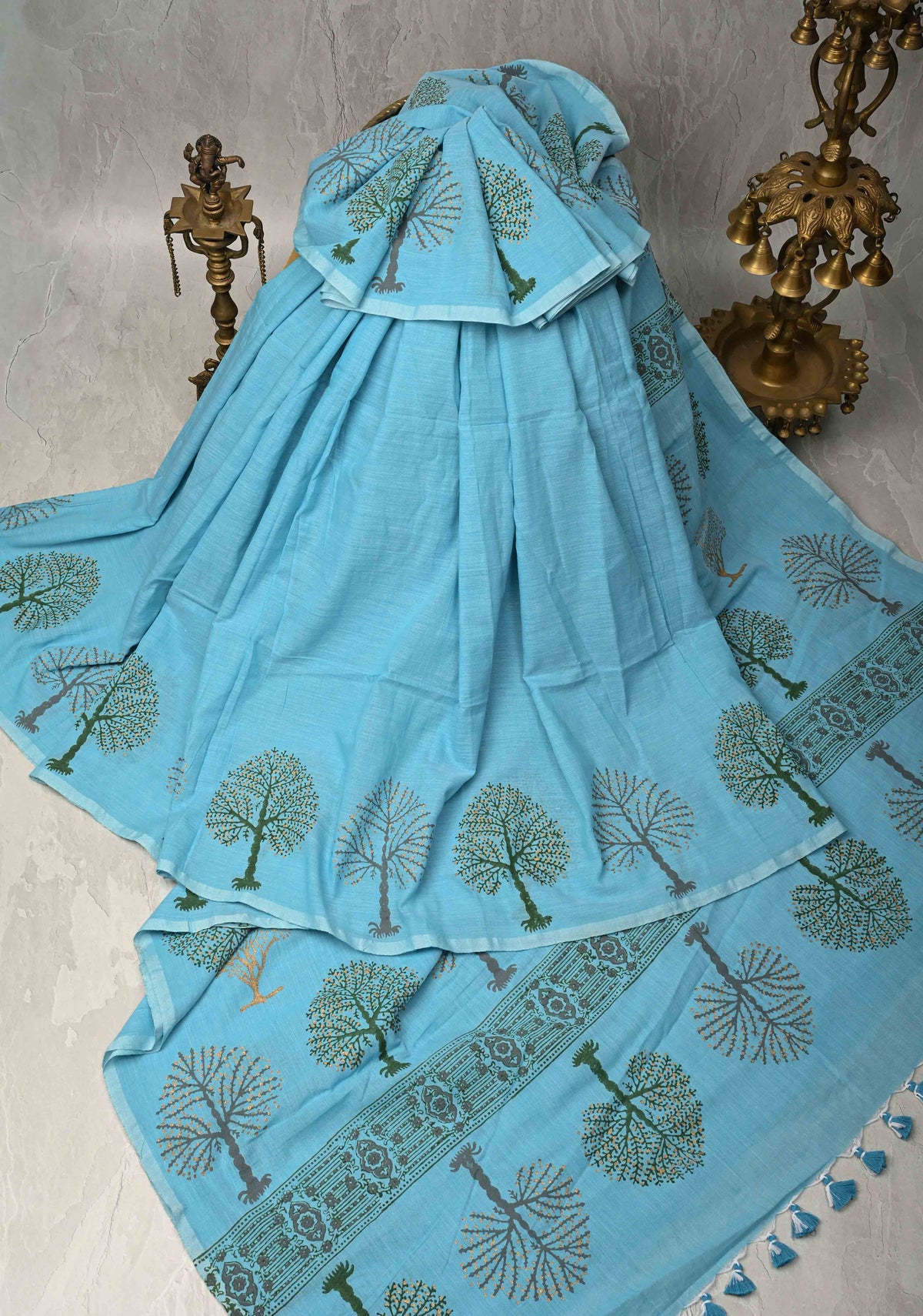 Aqua Blue Uppada Handloom Cotton Saree with Tree of life Buttas on Border and Pallu | SHOBITAM