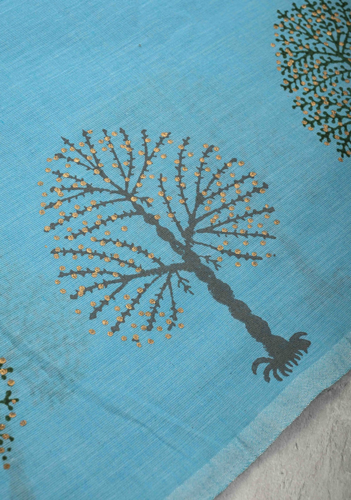 Aqua Blue Uppada Handloom Cotton Saree with Tree of life Buttas on Border and Pallu | SHOBITAM