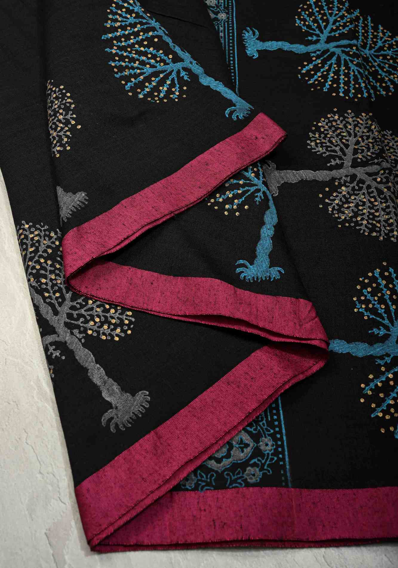 Black Uppada Handloom Cotton Saree with Tree of life Buttas on Minimal Border-Pallu and Long Tassels Ready To Wear Saree