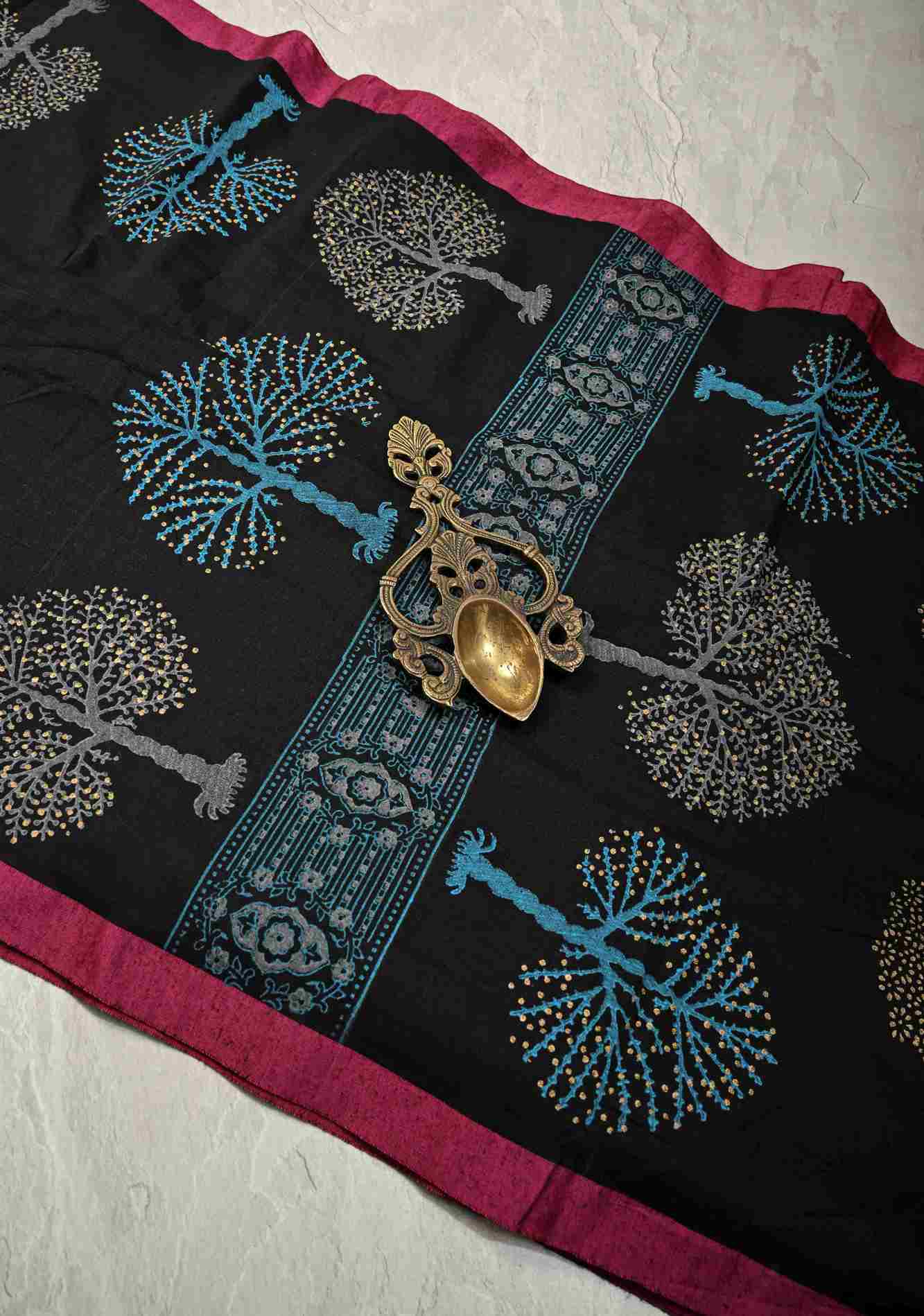 Black Uppada Handloom Cotton Saree with Tree of life Buttas on Minimal Border-Pallu and Long Tassels Ready To Wear Saree