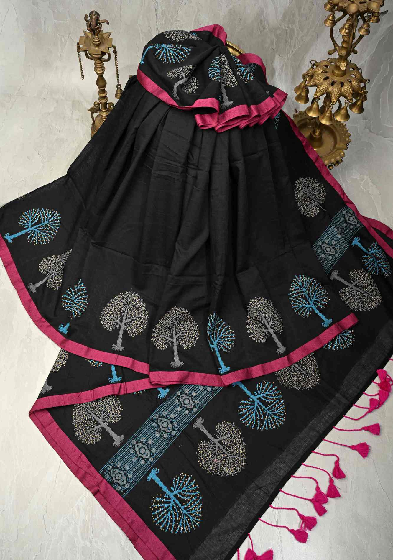 Black Uppada Handloom Cotton Saree with Tree of life Buttas on Minimal Border-Pallu and Long Tassels Ready To Wear Saree