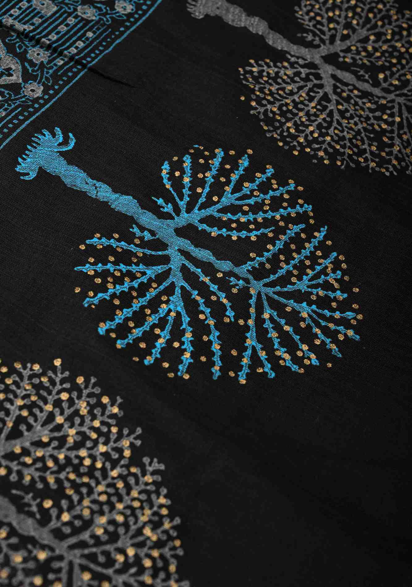 Black Uppada Handloom Cotton Saree with Tree of life Buttas on Minimal Border-Pallu and Long Tassels Ready To Wear Saree
