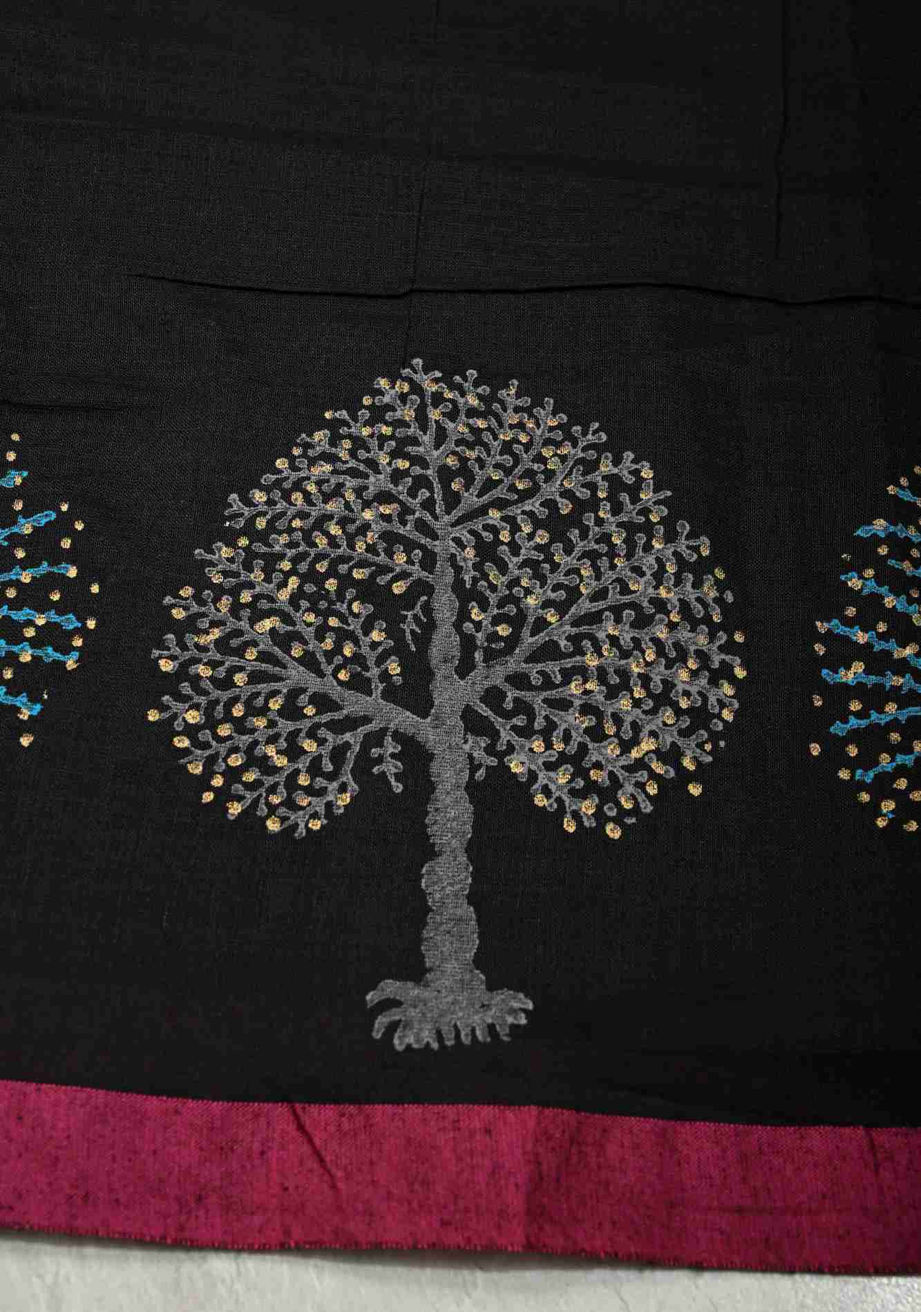 Black Uppada Handloom Cotton Saree with Tree of life Buttas on Minimal Border-Pallu and Long Tassels Ready To Wear Saree