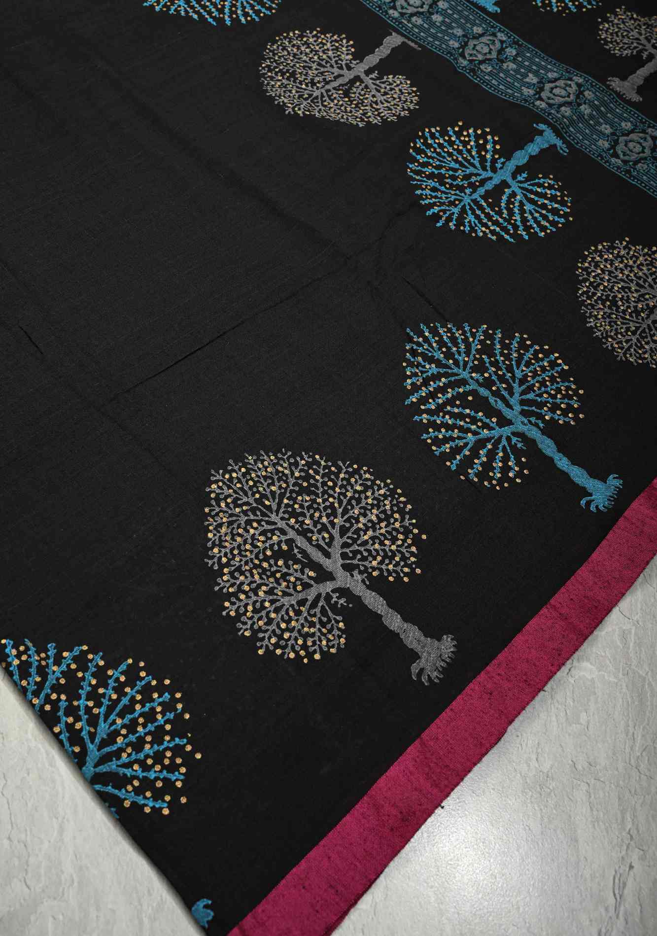 Black Uppada Handloom Cotton Saree with Tree of life Buttas on Minimal Border-Pallu and Long Tassels Ready To Wear Saree