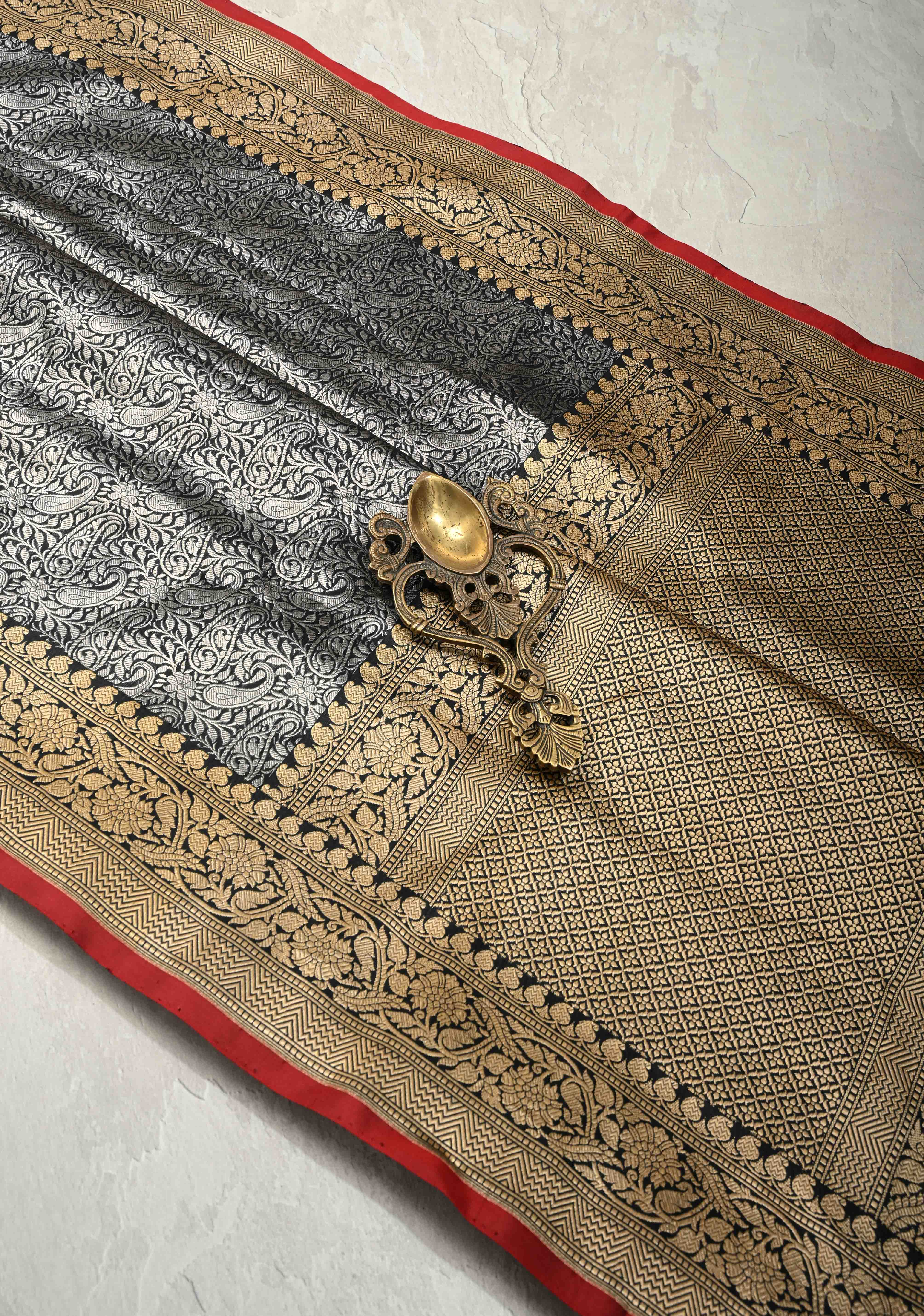 Unique Black Vasket weave on Banarasi Katan Silk Saree with Silver Paisley Zari Brocade and Zari Border | SILK MARK CERTIFIED | SHOBITAM