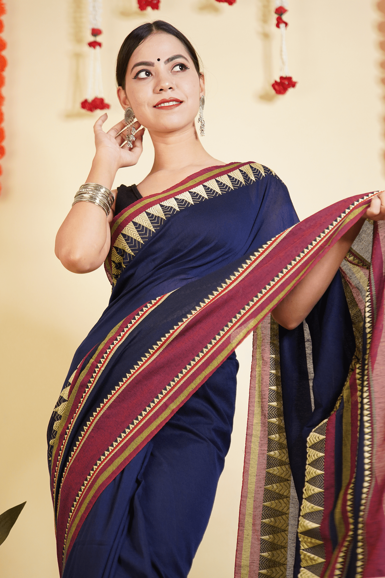 Ready To Wear Traditional Bengali Temple Border Woven Cotton Saree Wrap in 1 minute saree With Readymade blouse - Isadora Life Online Shopping Store
