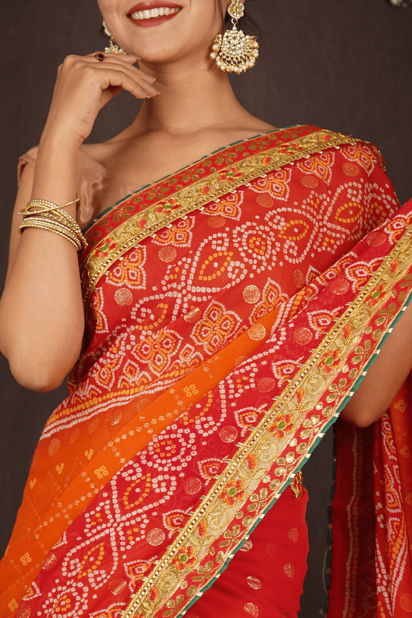 RED - ORANGE GEORGETTE CHIFFON BANDHANI SAREE WITH GOTA PATTI BORDER - Isadora Life Online Shopping Store