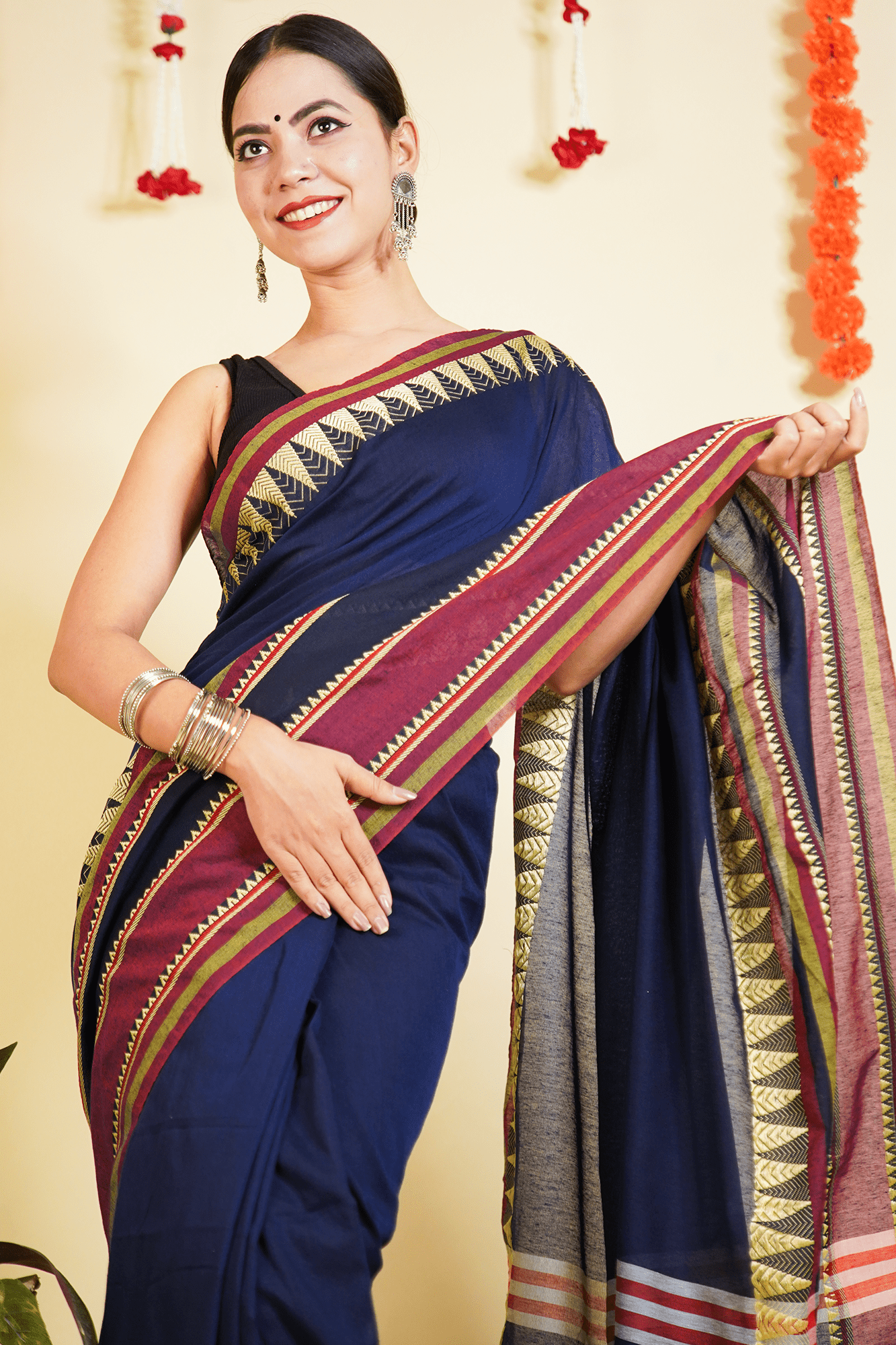 Ready To Wear Traditional Bengali Temple Border Woven Cotton Saree Wrap in 1 minute saree With Readymade blouse - Isadora Life Online Shopping Store