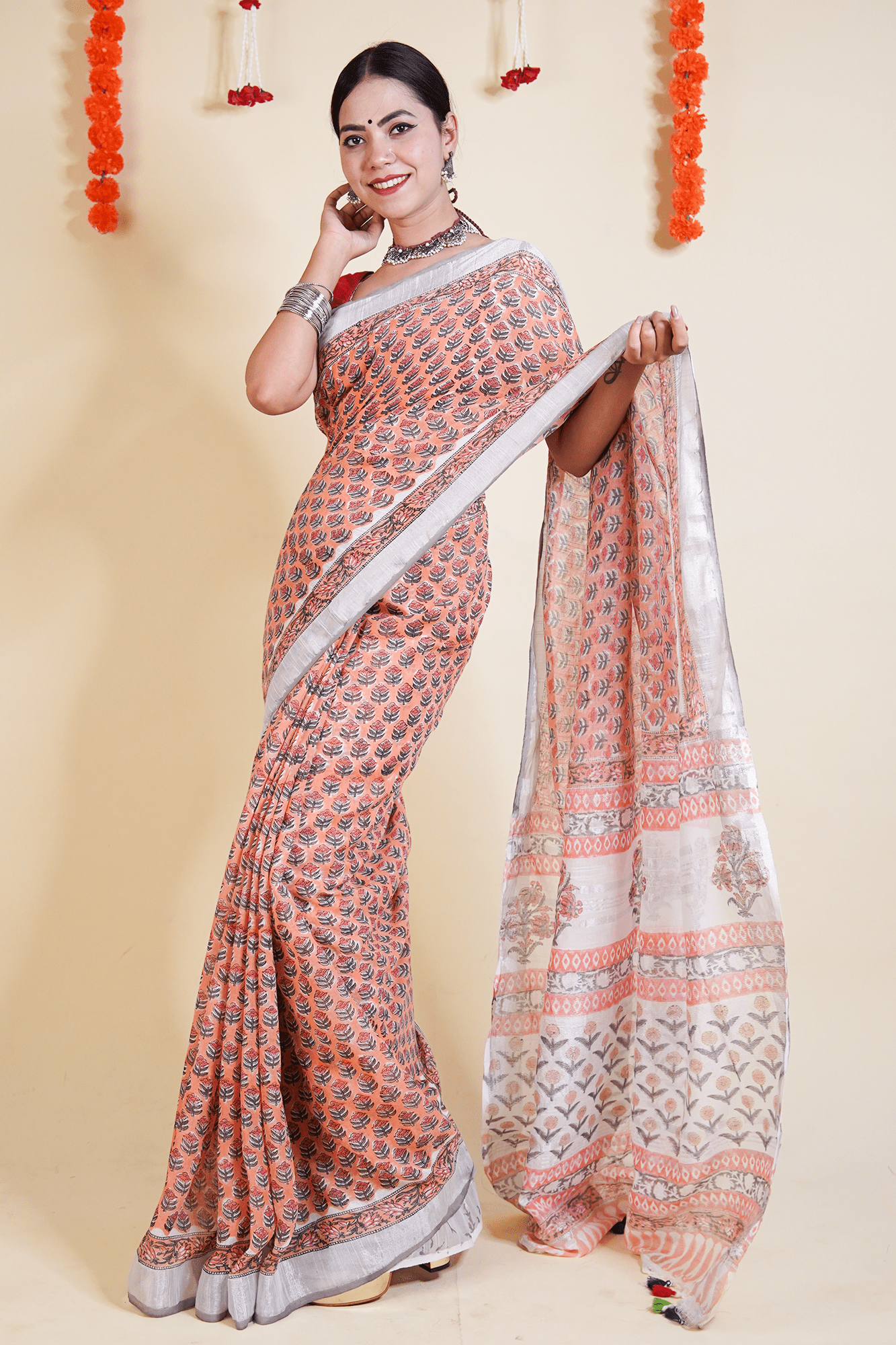 PEACH , ORANGE AND WHITE SOFT LINEN HANDBLOCK PRINTED WRAP IN 1 MINUTE SAREE - Isadora Life Online Shopping Store