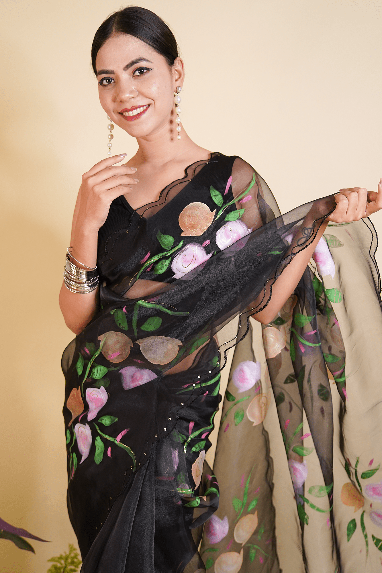 Black & Pink Floral Fabric Printed with Sequins interwoven Organza Wrap in 1 minute saree - Isadora Life Online Shopping Store
