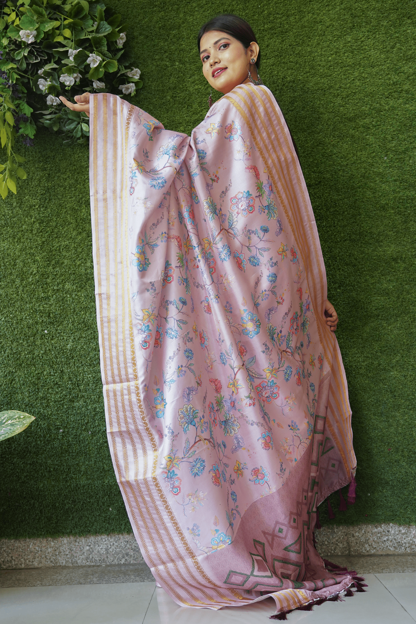 Ready To Wear Pink with Multicoloured Floral Banarsee Soft Silk Wrap in 1 minute saree With Readymade Blouse - Isadora Life Online Shopping Store