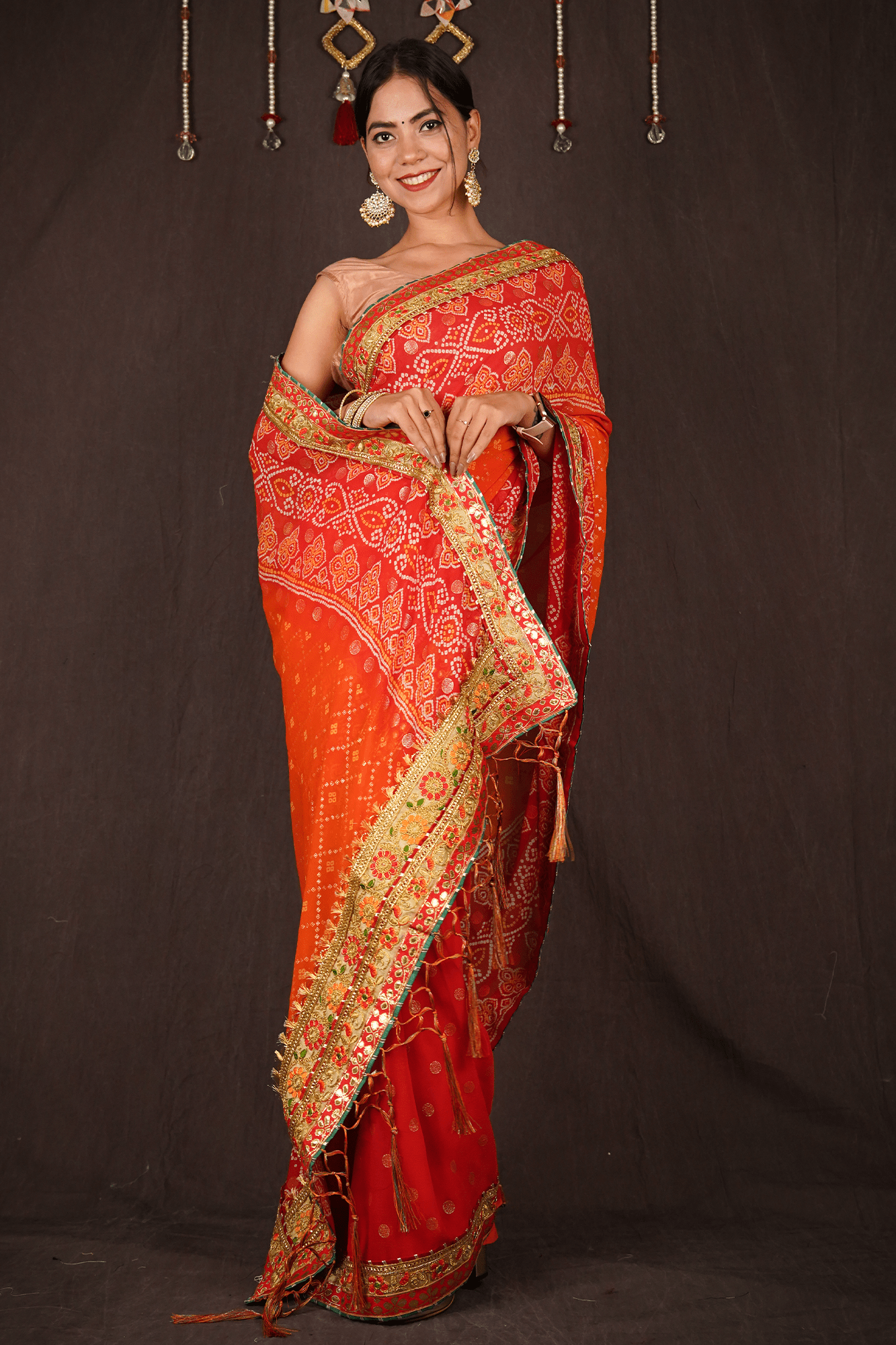 RED - ORANGE GEORGETTE CHIFFON BANDHANI SAREE WITH GOTA PATTI BORDER - Isadora Life Online Shopping Store