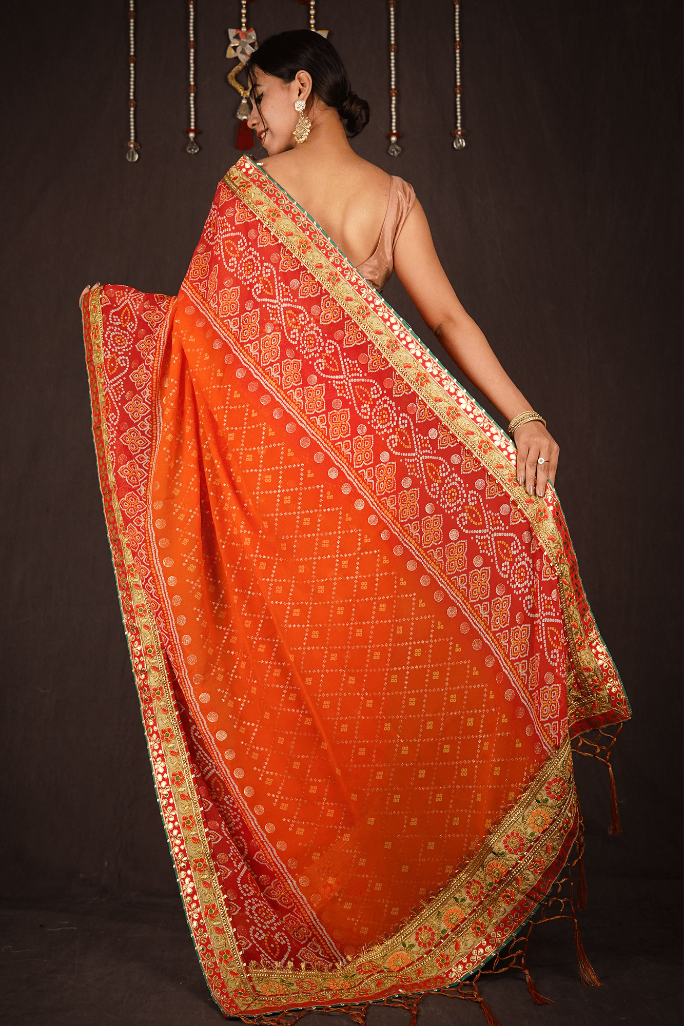 RED - ORANGE GEORGETTE CHIFFON BANDHANI SAREE WITH GOTA PATTI BORDER - Isadora Life Online Shopping Store