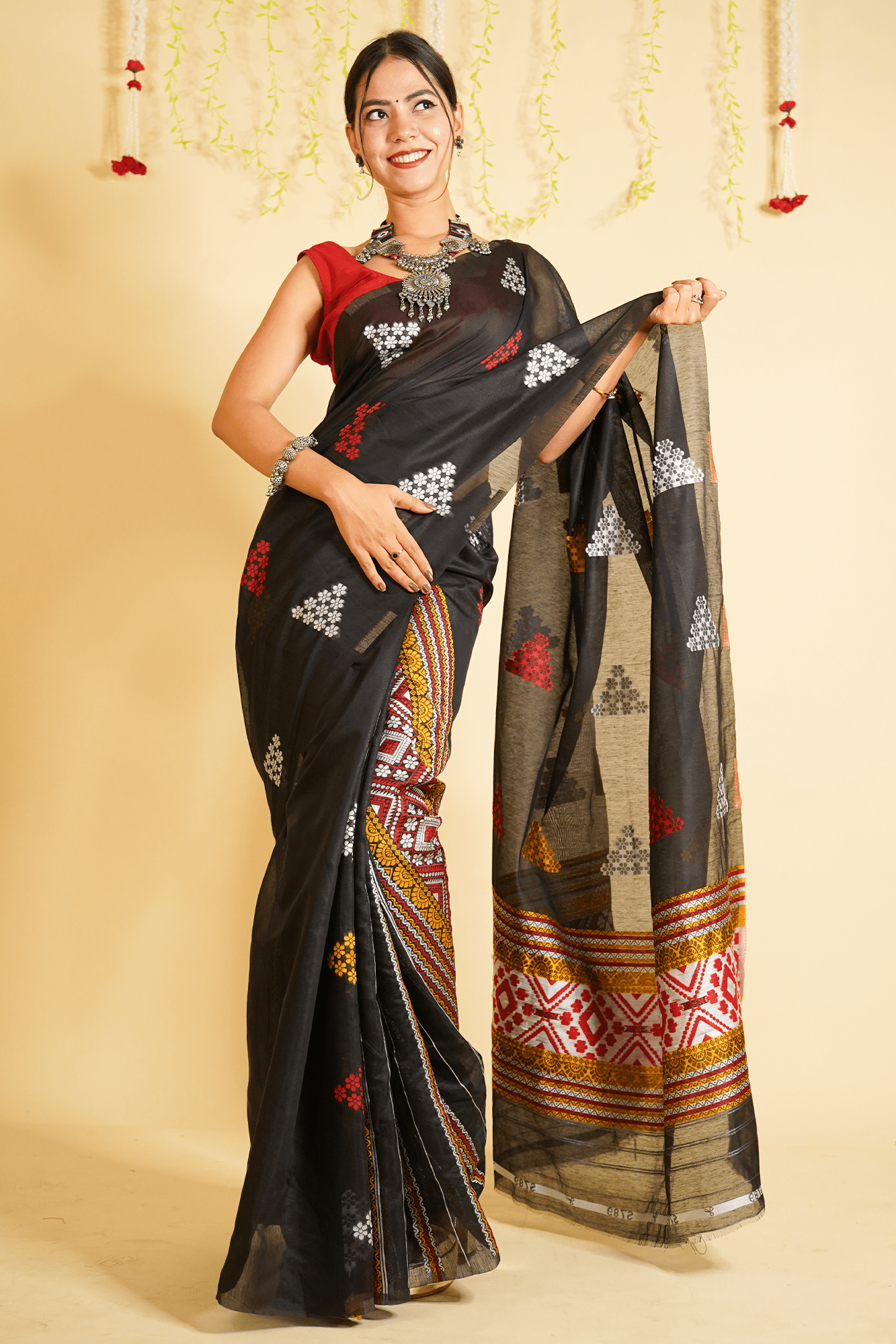 Ready to Wear Assamese Embroidered Center Pleats and Butis Jamdani cotton Wrap in 1 minute saree With Readymade Blouse - Isadora Life Online Shopping Store