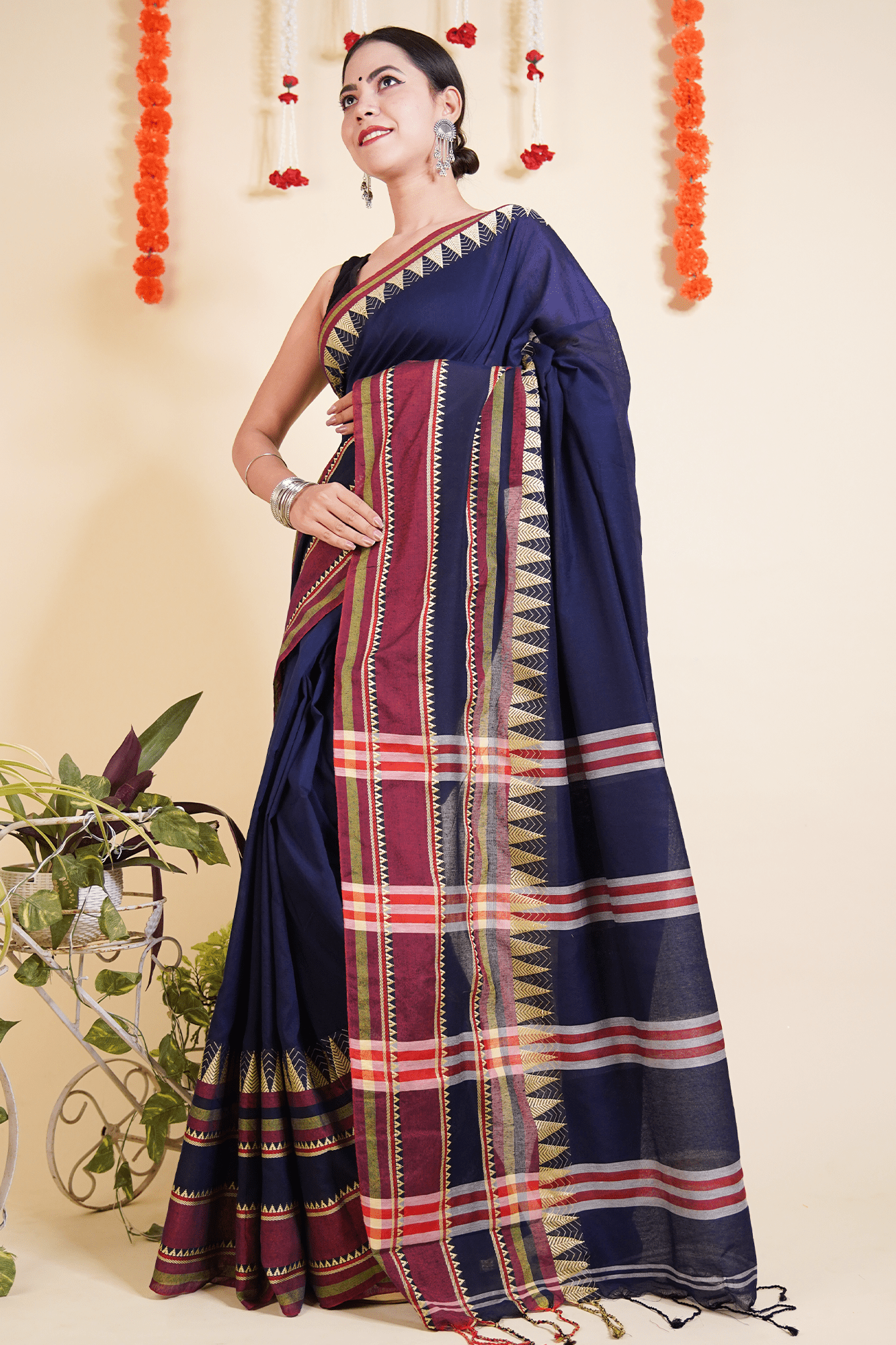 Ready To Wear Traditional Bengali Temple Border Woven Cotton Saree Wrap in 1 minute saree With Readymade blouse - Isadora Life Online Shopping Store