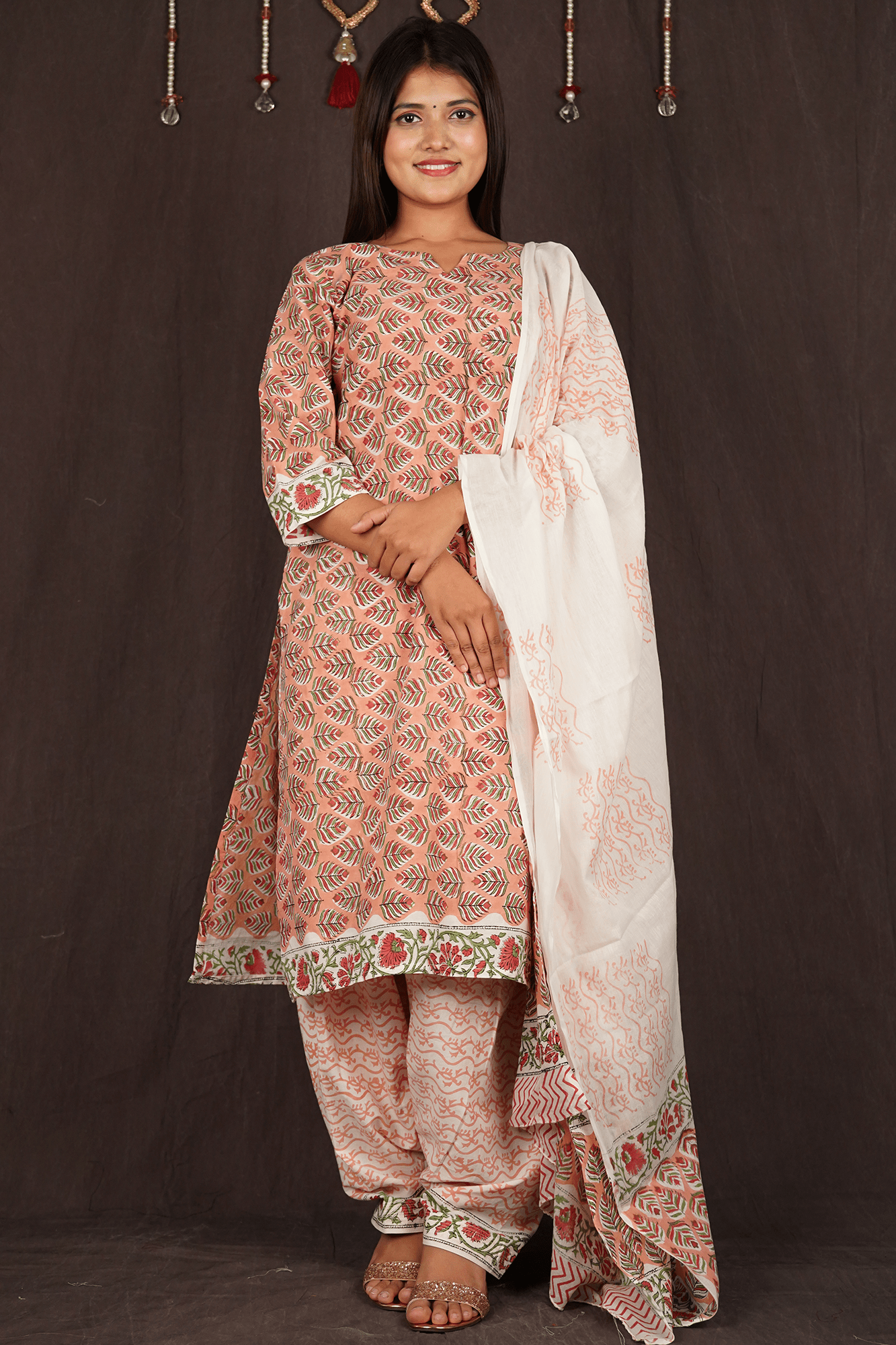 White-Peach Printed Cotton Ready to wear Salwar-Kameez with Dupatta - Isadora Life Online Shopping Store