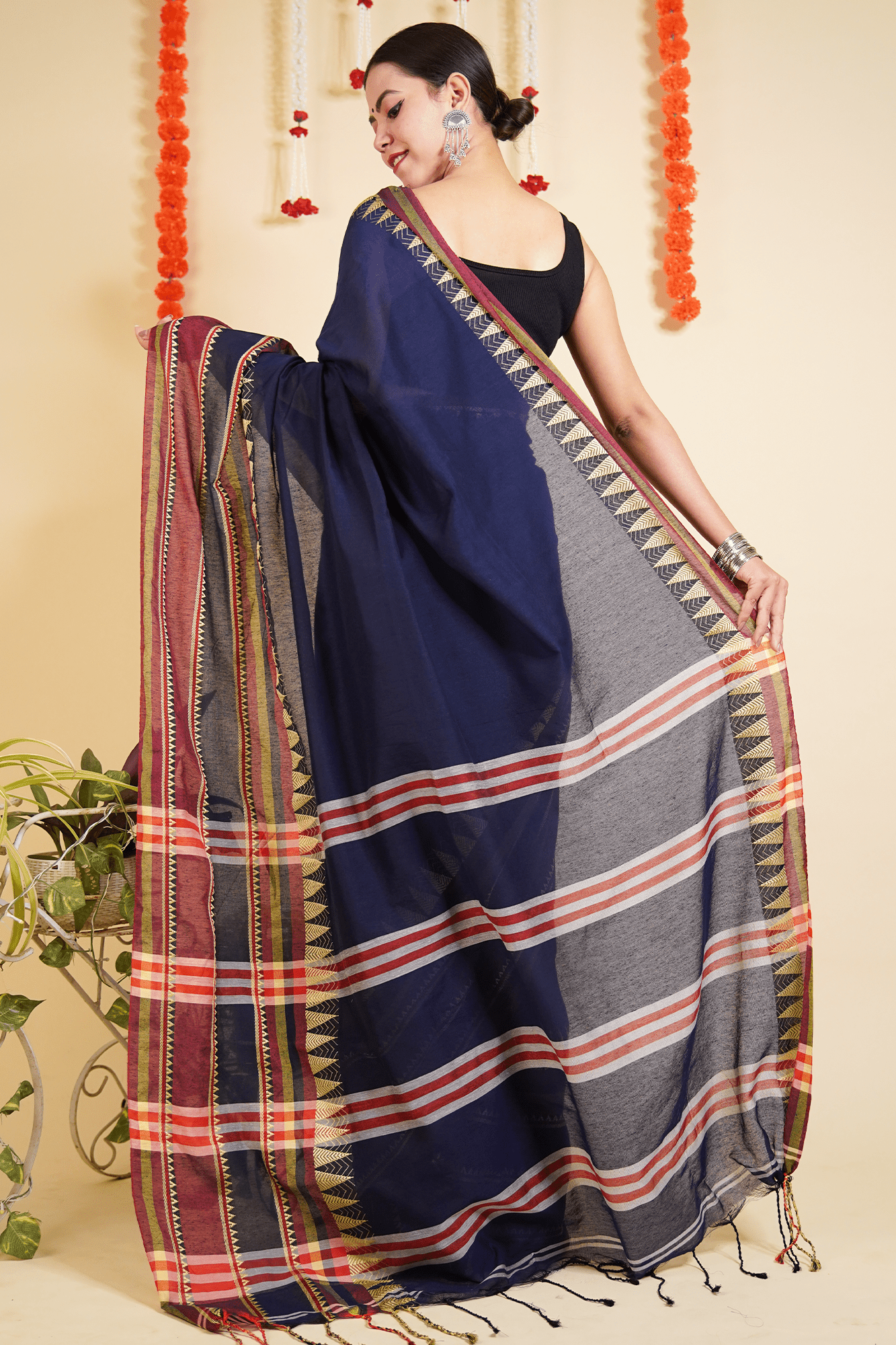 Ready To Wear Traditional Bengali Temple Border Woven Cotton Saree Wrap in 1 minute saree With Readymade blouse - Isadora Life Online Shopping Store