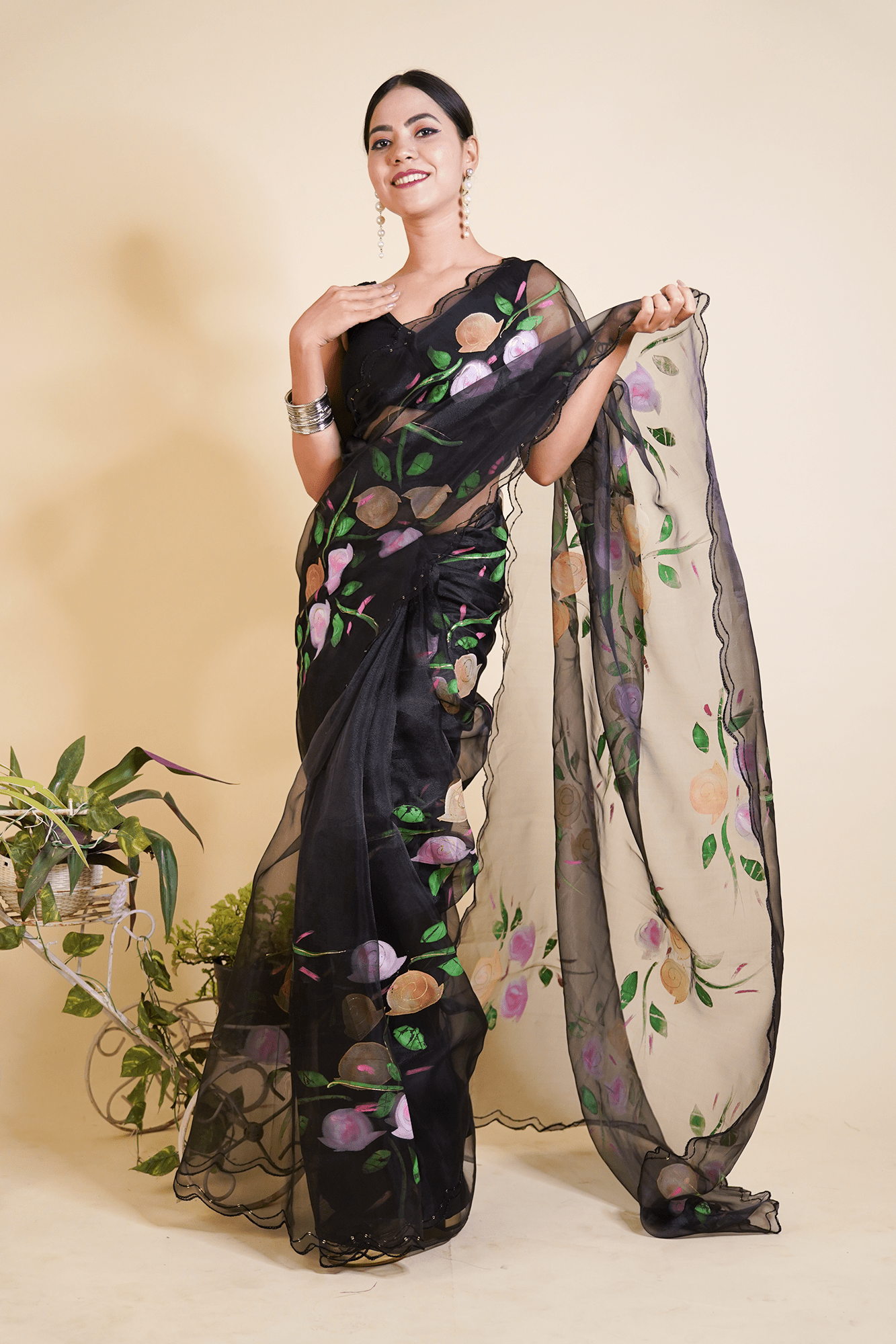 Black & Pink Floral Fabric Printed with Sequins interwoven Organza Wrap in 1 minute saree - Isadora Life Online Shopping Store