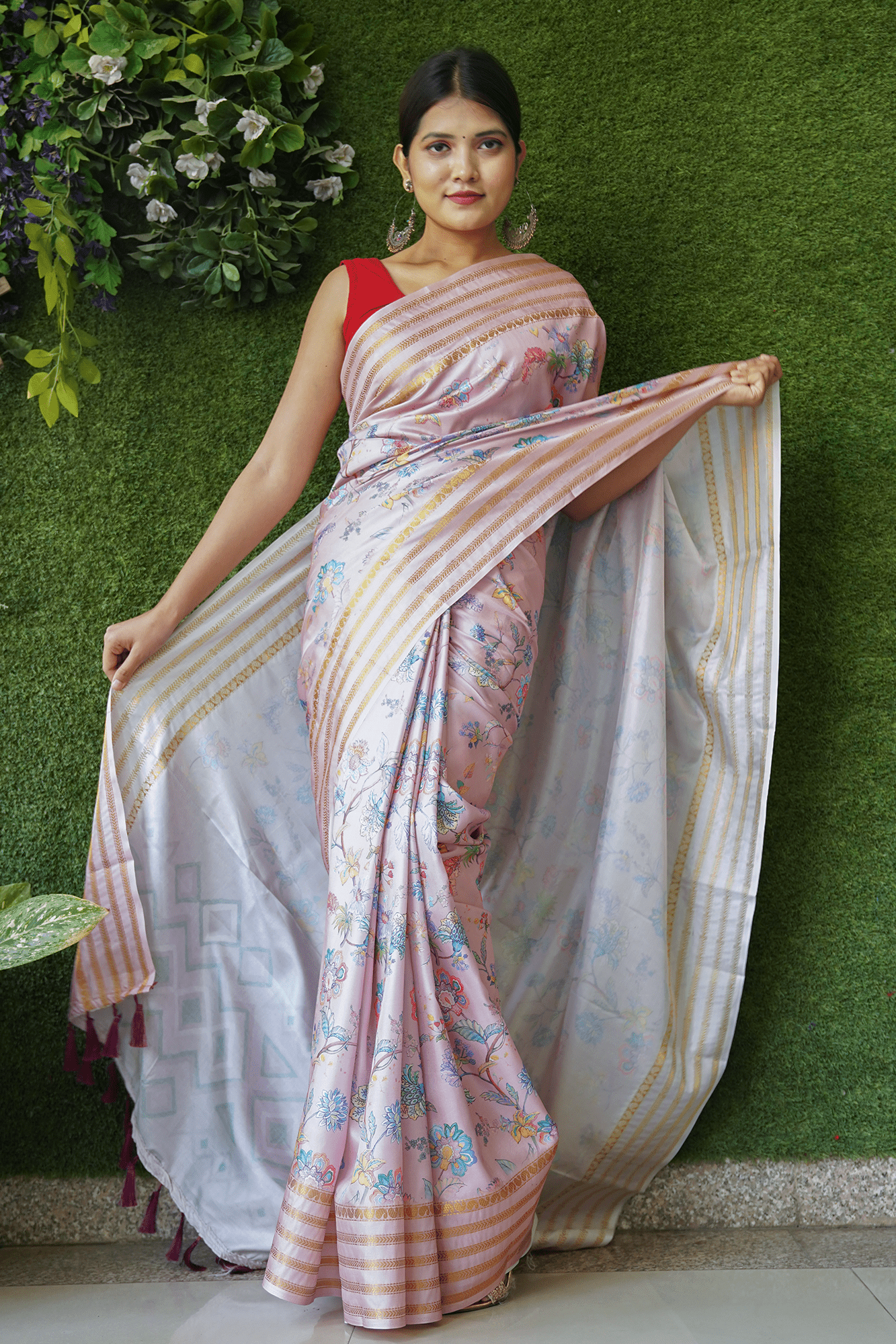Ready To Wear Pink with Multicoloured Floral Banarsee Soft Silk Wrap in 1 minute saree With Readymade Blouse - Isadora Life Online Shopping Store