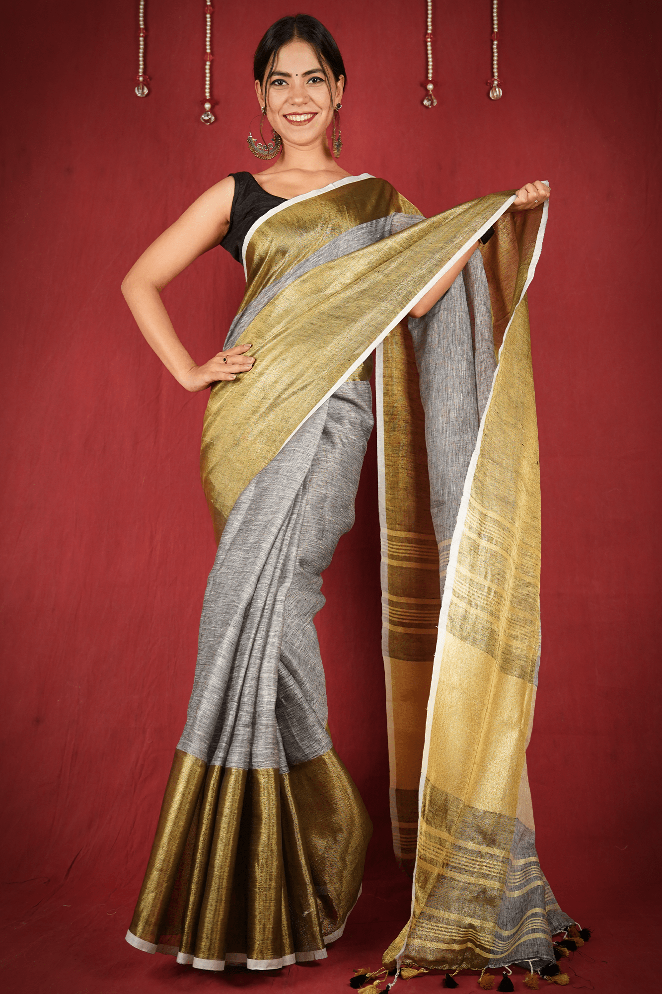 Grey & gold Bhagalpuri linen wrap in 1 minute saree with tassels in pallu - Isadora Life Online Shopping Store