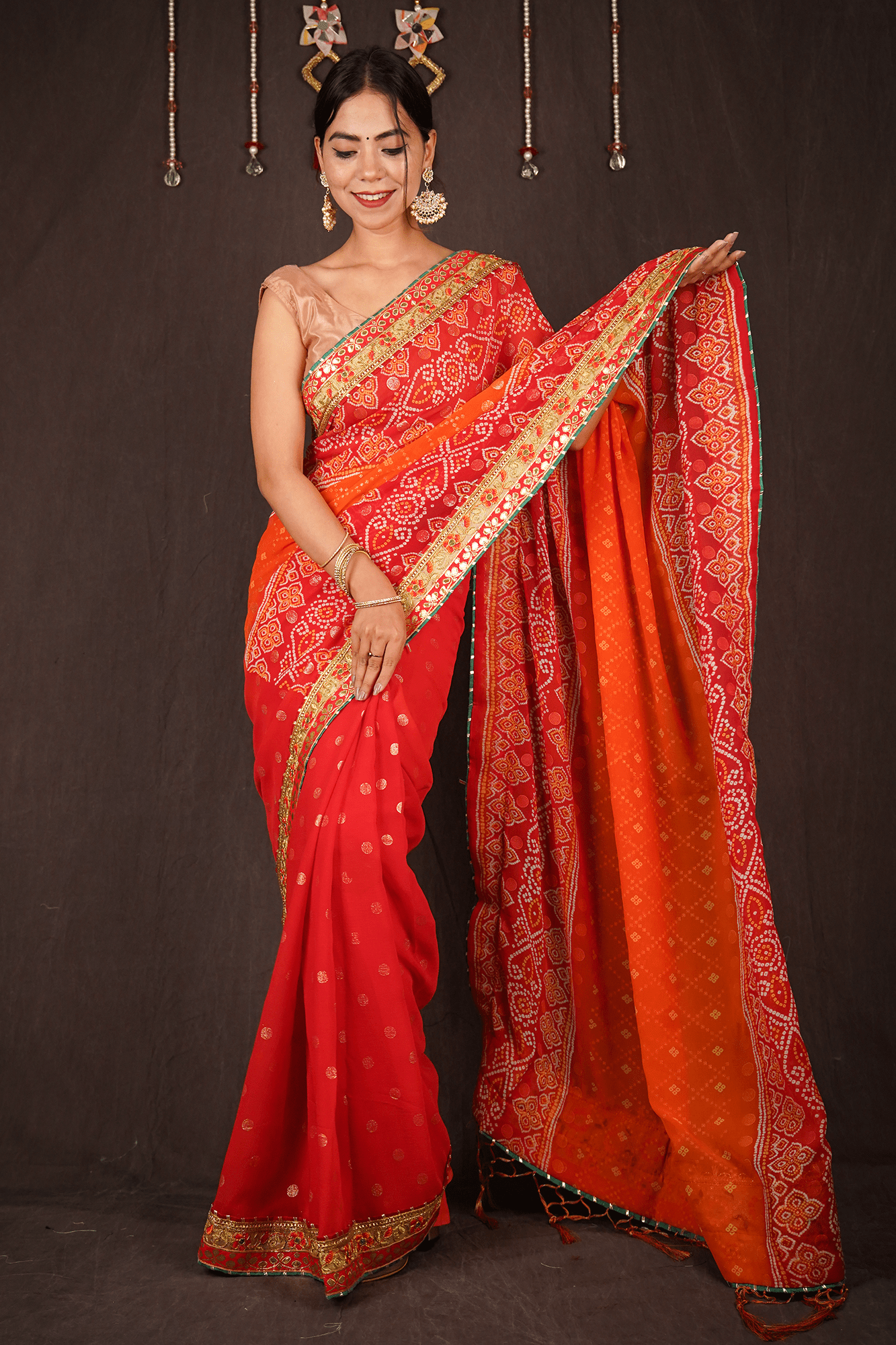 RED - ORANGE GEORGETTE CHIFFON BANDHANI SAREE WITH GOTA PATTI BORDER - Isadora Life Online Shopping Store