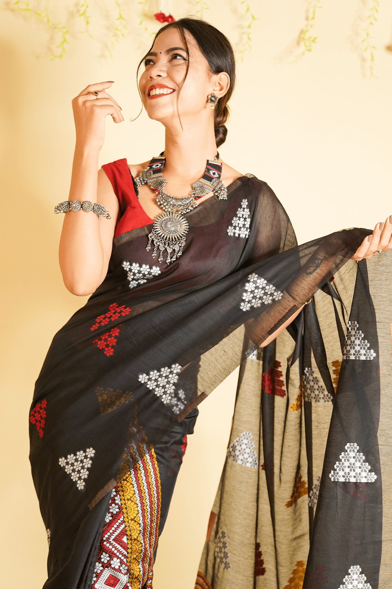 Ready to Wear Assamese Embroidered Center Pleats and Butis Jamdani cotton Wrap in 1 minute saree With Readymade Blouse - Isadora Life Online Shopping Store