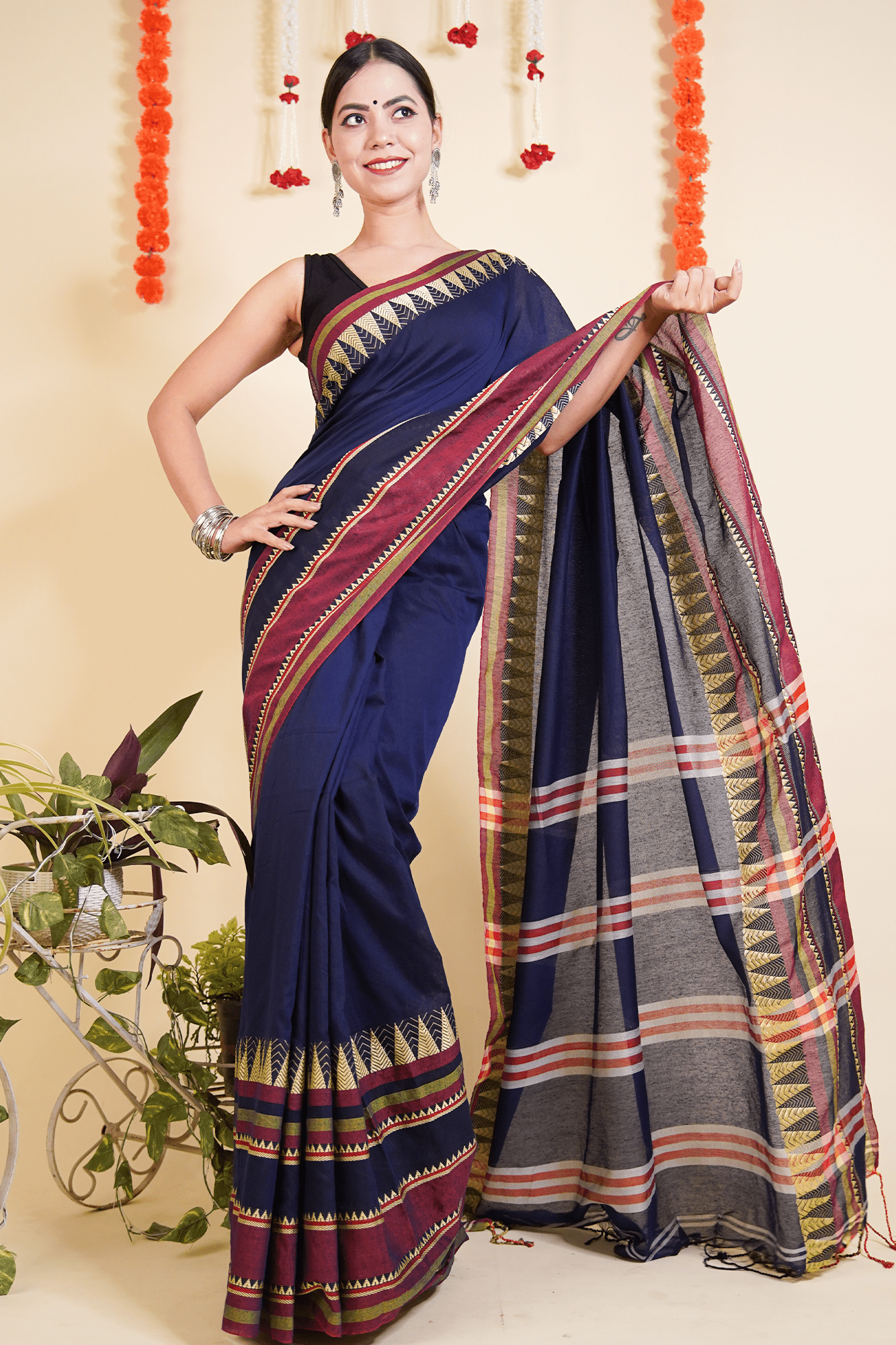 Ready To Wear Traditional Bengali Temple Border Woven Cotton Saree Wrap in 1 minute saree With Readymade blouse - Isadora Life Online Shopping Store