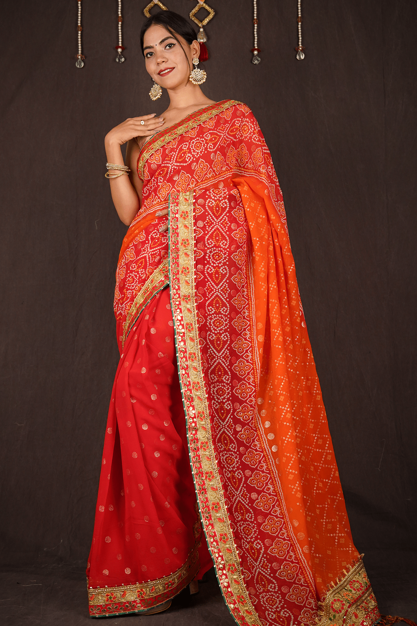 RED - ORANGE GEORGETTE CHIFFON BANDHANI SAREE WITH GOTA PATTI BORDER - Isadora Life Online Shopping Store